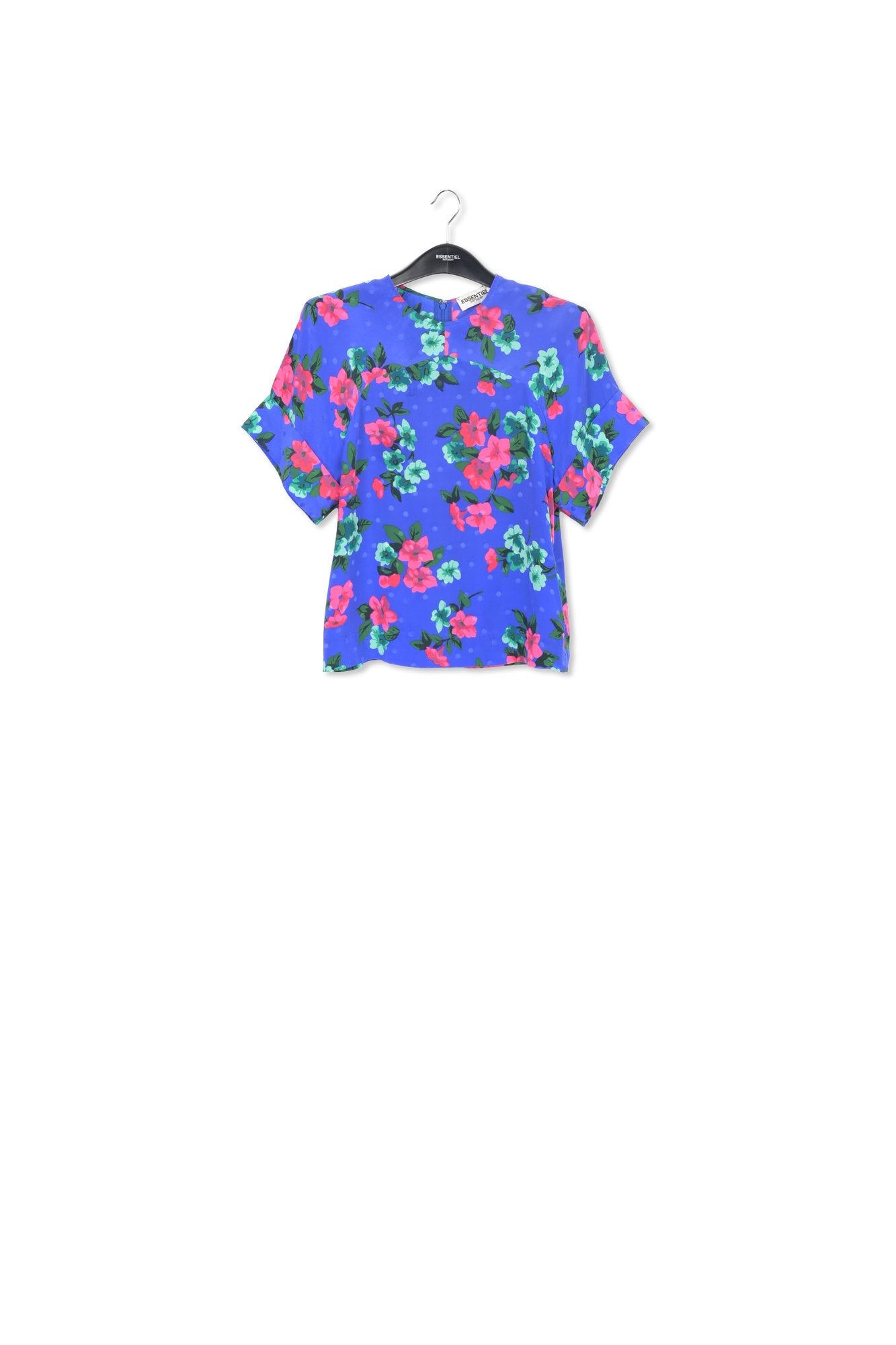 Blauwe zijden top met bloemen en stippen RE—SSENTIEL | Essentiel second hand