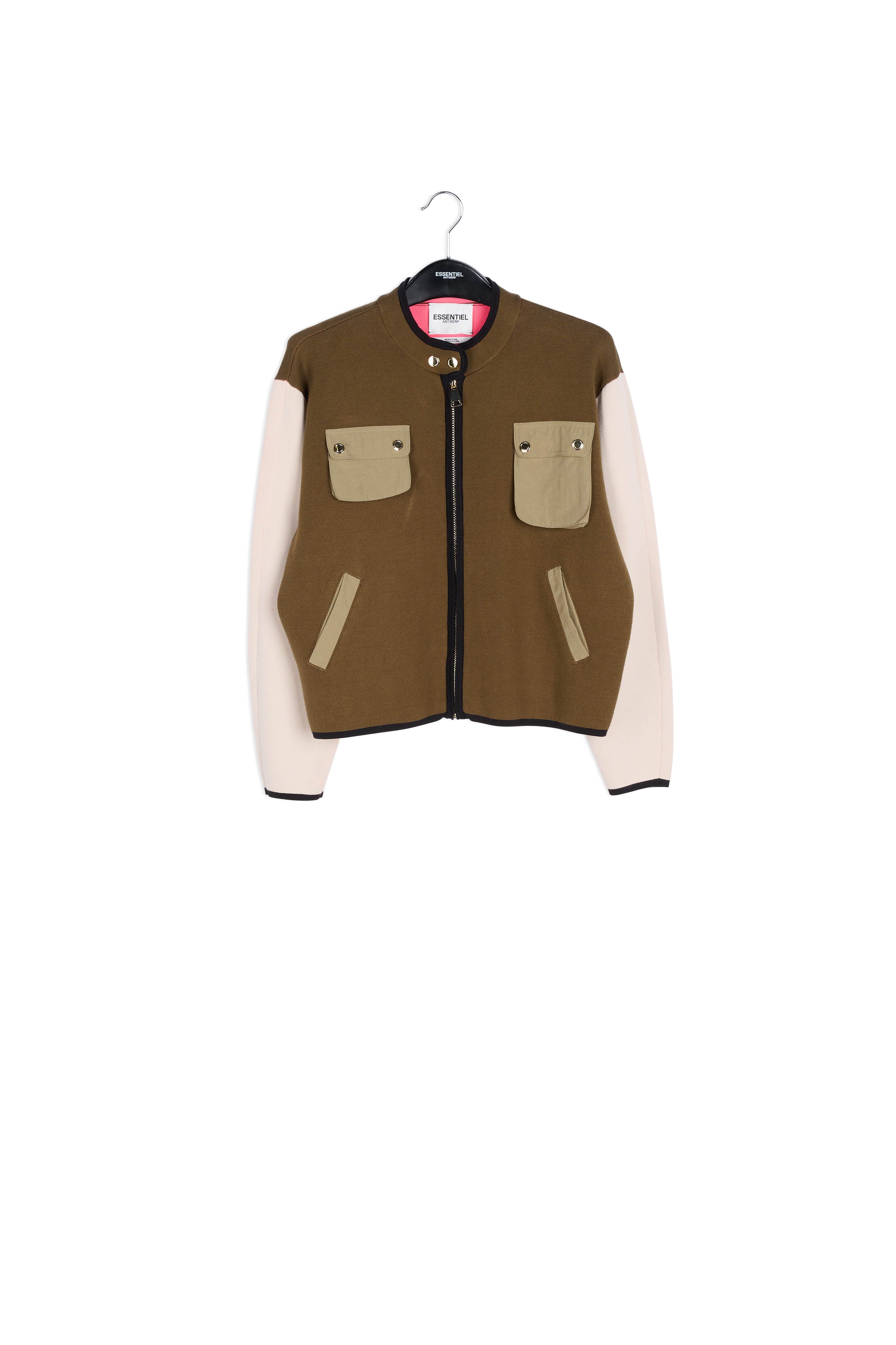 Khaki and off-white utility-inspired knit jacket RE—SSENTIEL | Essentiel second hand