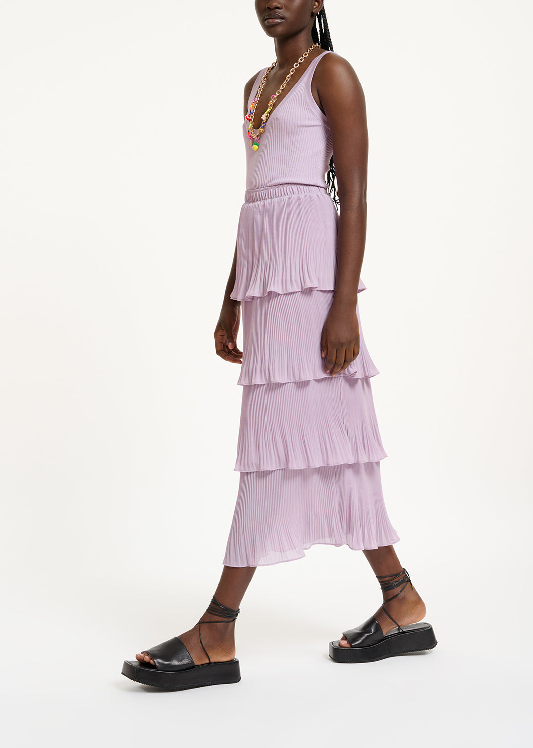 Lilac ruffled plissé midi-length skirt RE—SSENTIEL | Essentiel second hand