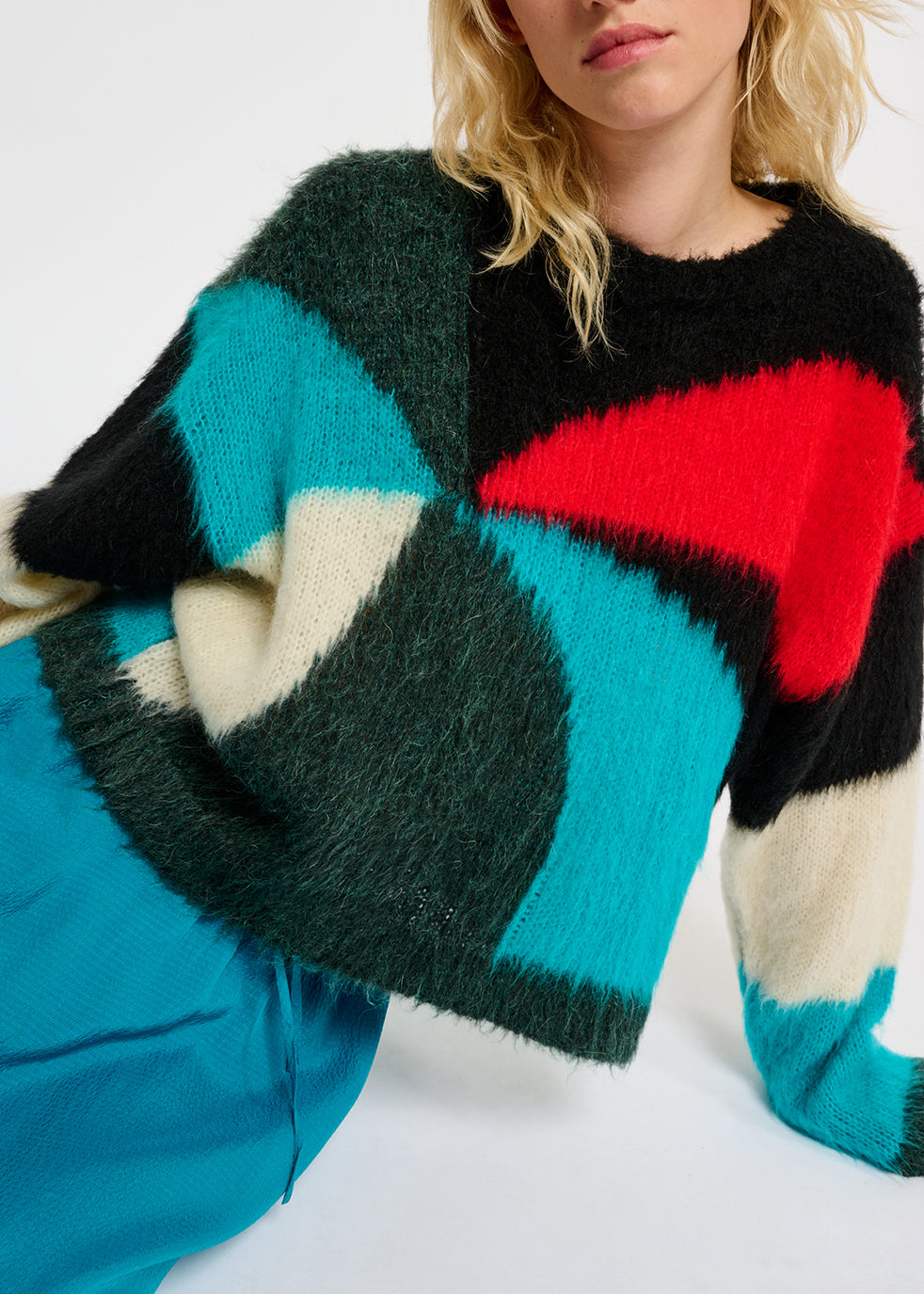 Pull en tricot intarsia vert foncé, bleu et rouge RE—SSENTIEL | Essentiel second hand
