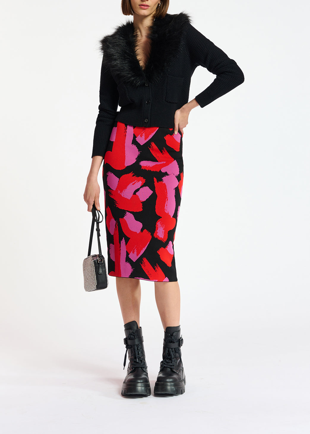 Midirok in zwart, rood en fuchsia jacquard RE—SSENTIEL | Essentiel second hand