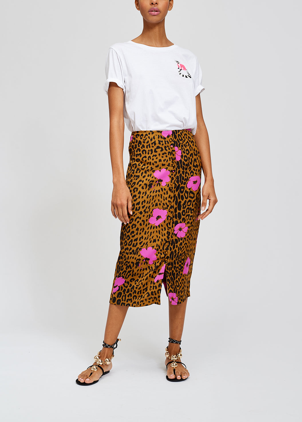 Leopard print and pink floral midi pencil skirt RE—SSENTIEL | Essentiel second hand