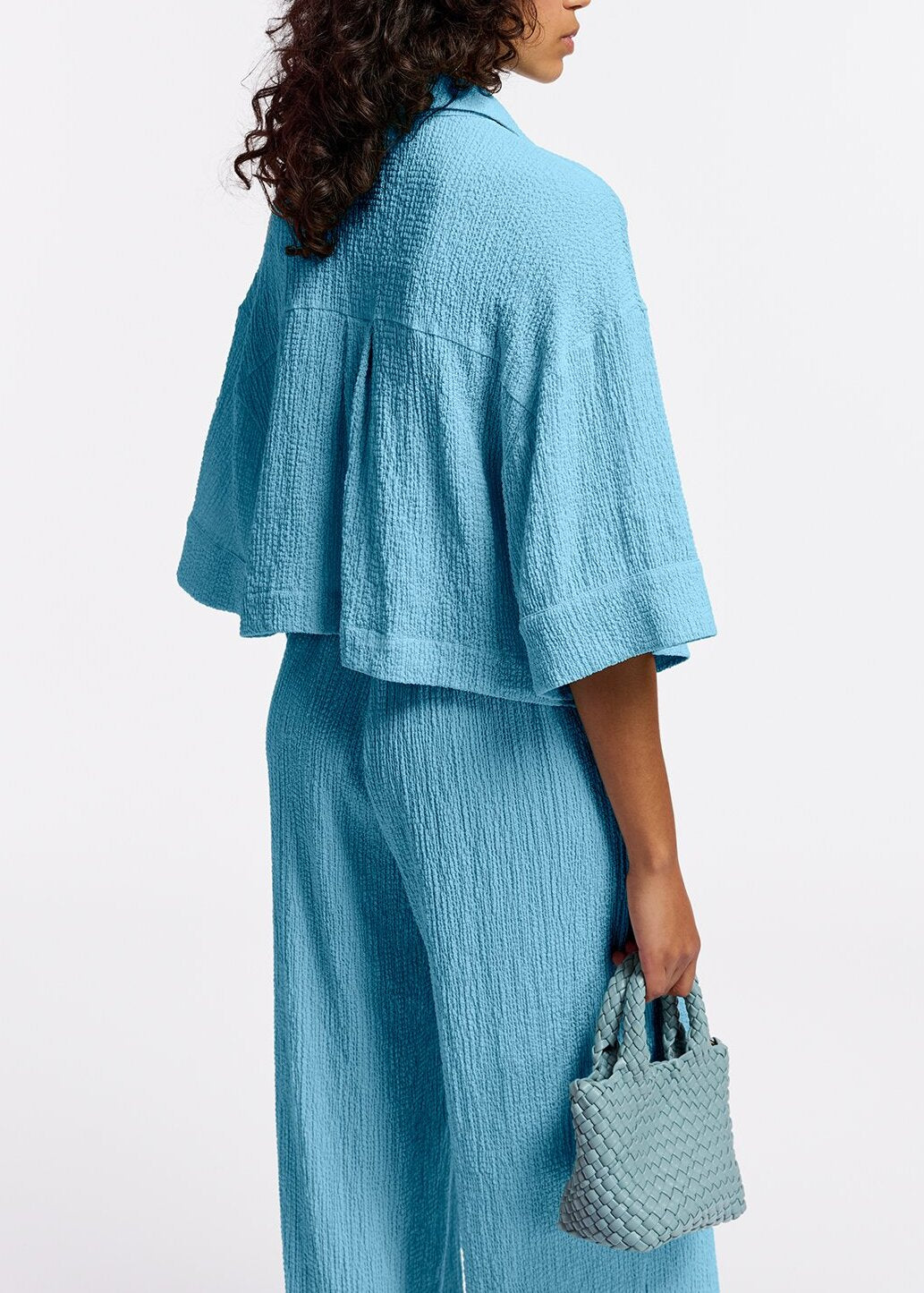 Light blue seersucker cropped shirt RE—SSENTIEL | Essentiel second hand