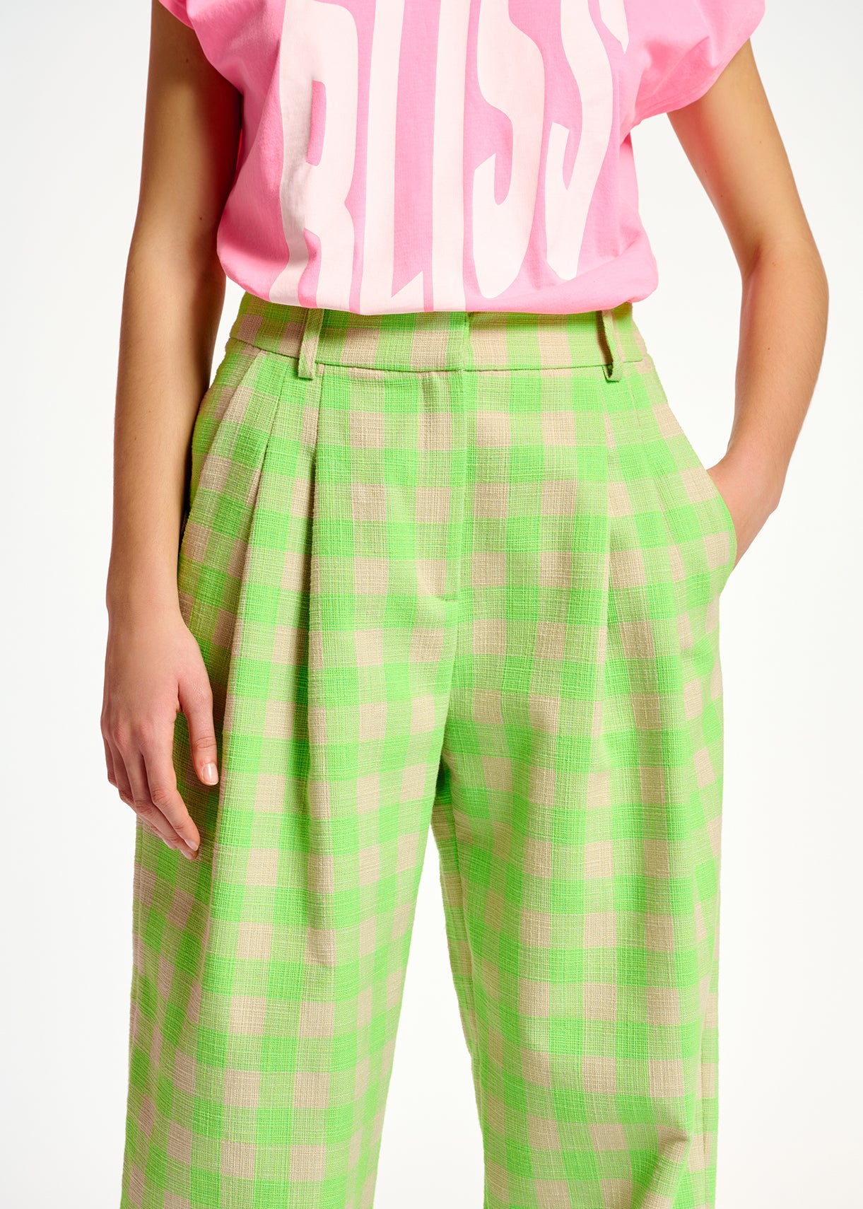 Pantalon vert fluo à  carreaux RE—SSENTIEL | Essentiel second hand