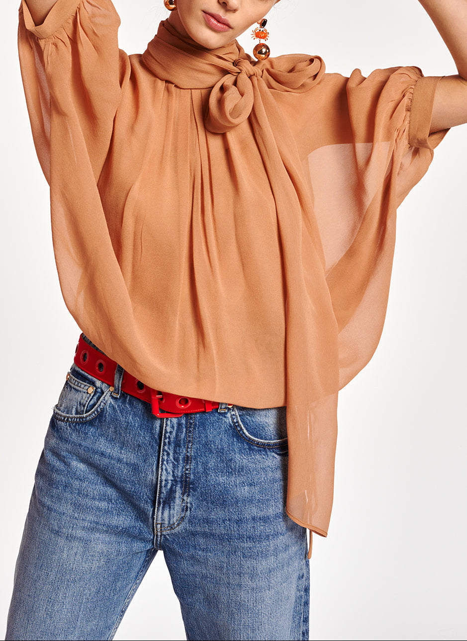 Tan voluminous sheer top RE—SSENTIEL | Essentiel second hand