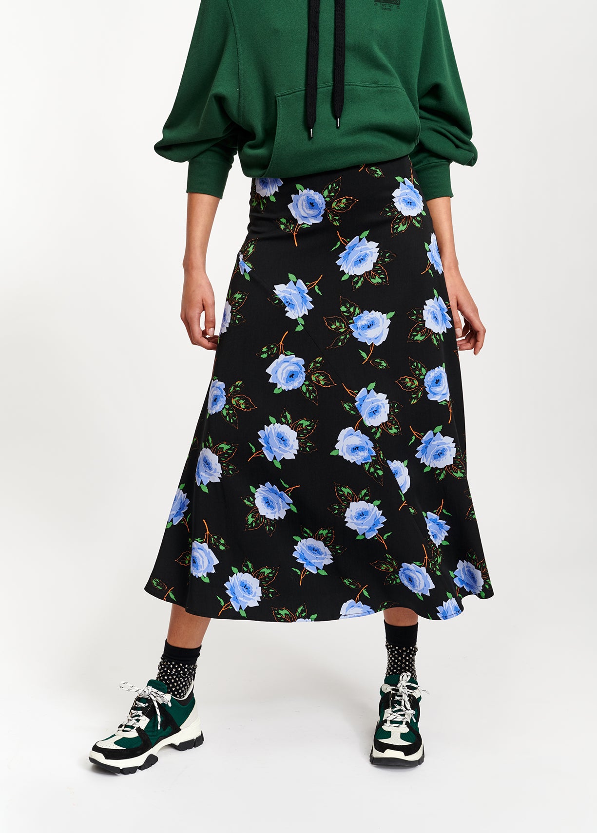 Schuin gesneden midirok met donkere bloemenprint RE—SSENTIEL | Essentiel second hand