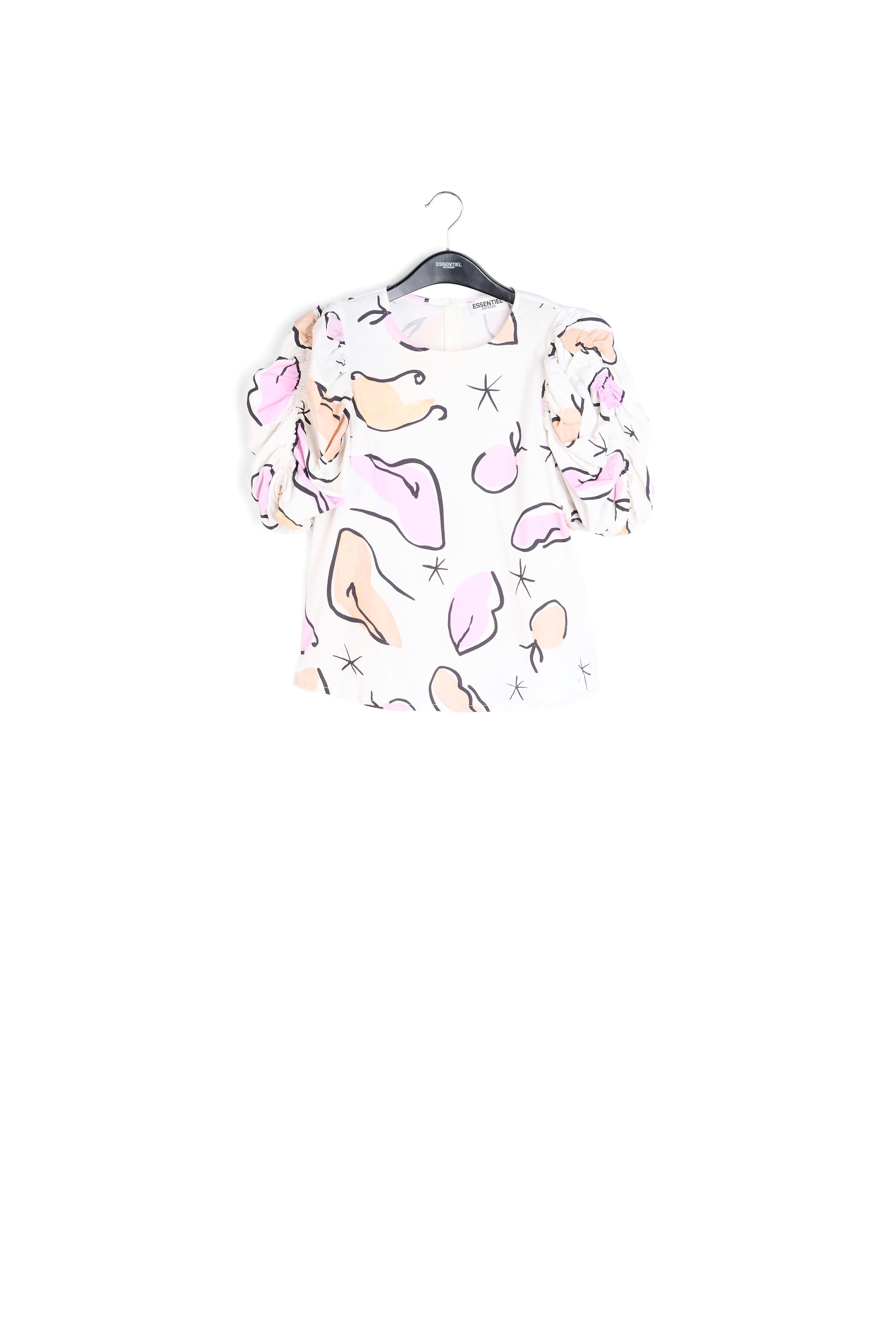Witte top met pofmouwen en abstracte print RE—SSENTIEL | Essentiel second hand