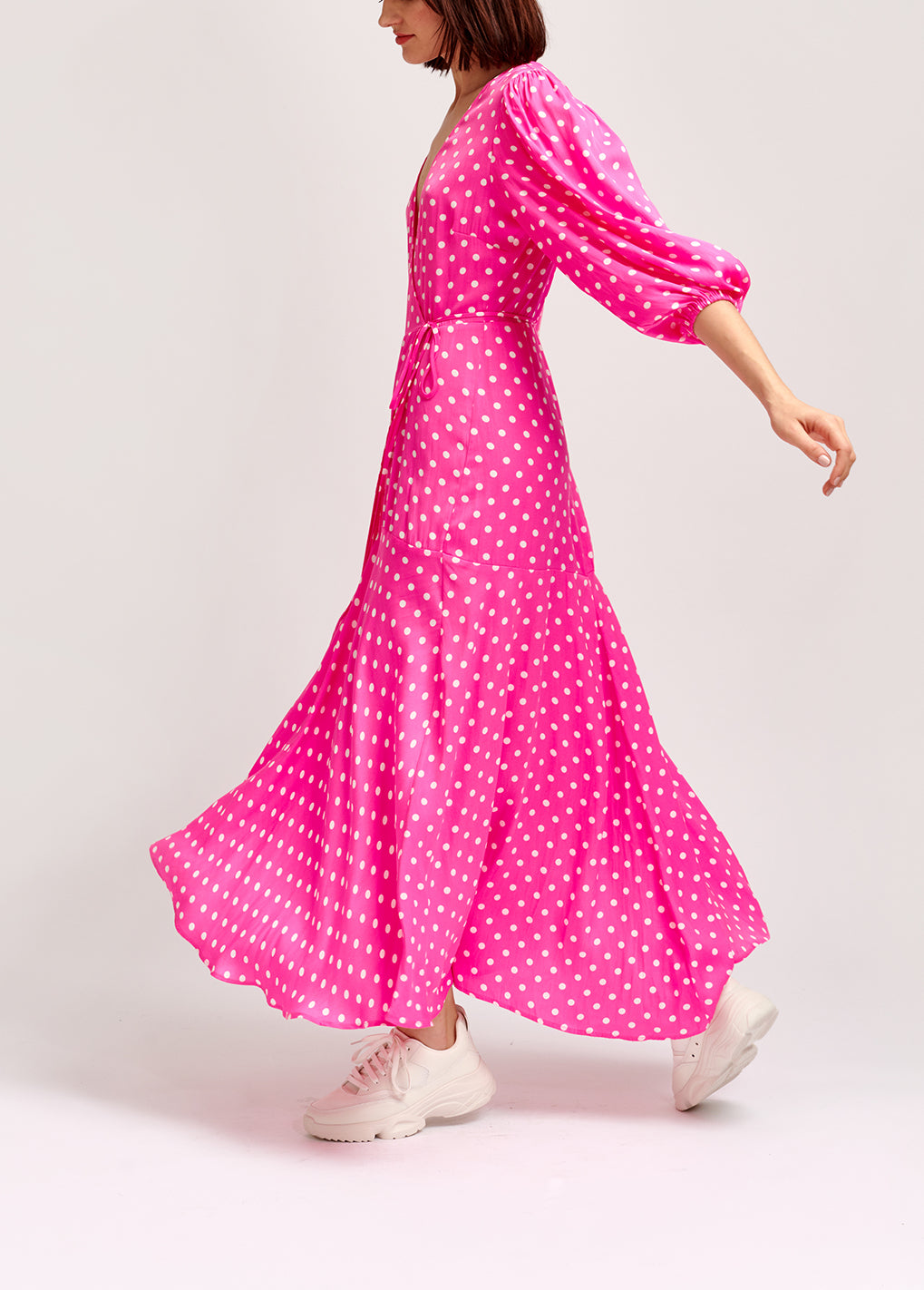 Robe maxi portefeuille rose fluo à pois RE—SSENTIEL | Essentiel second hand