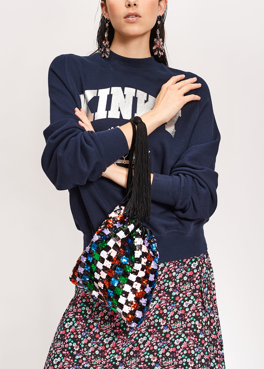 Navy blue cotton-jersey sweatshirt with metallic varsity print RE—SSENTIEL | Essentiel second hand