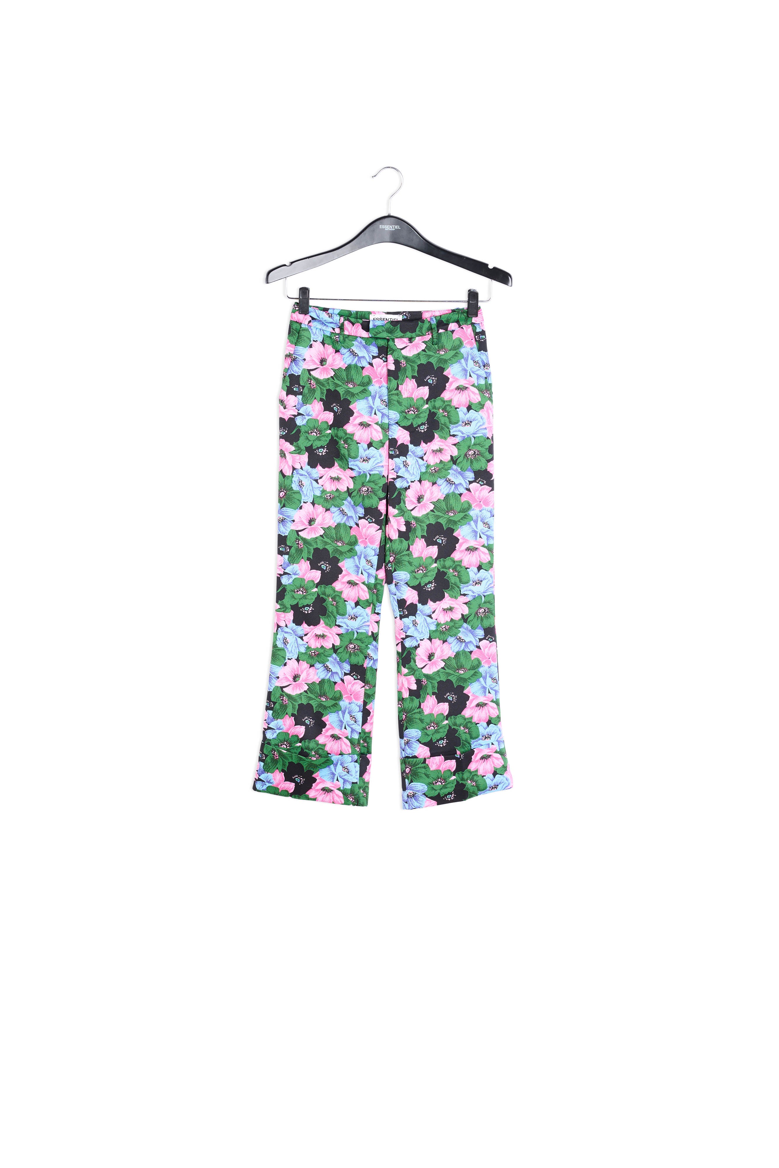 Aansluitende broek met roze, lichtblauwe en flesgroene bloemenprint RE—SSENTIEL | Essentiel second hand