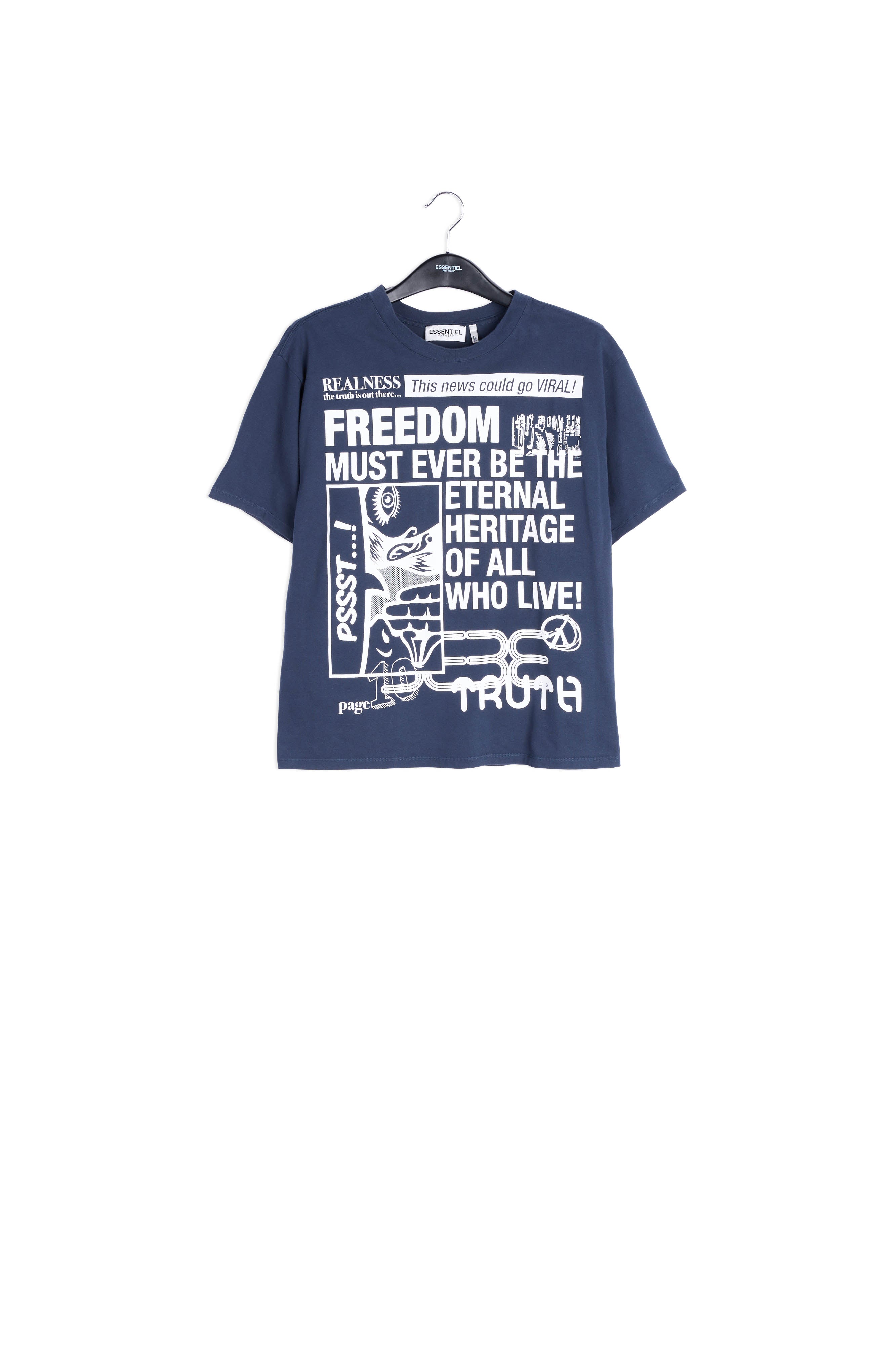 Dark blue 'news'-print cotton t-shirt RE—SSENTIEL | Essentiel second hand