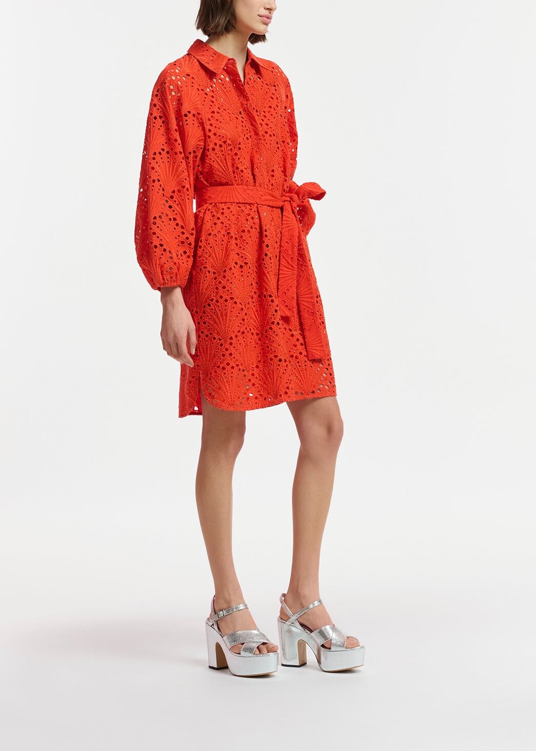 Red broderie anglaise cotton knee-length dress RE—SSENTIEL | Essentiel second hand
