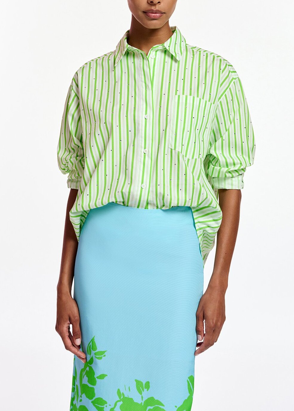 White and green striped cotton shirt with rhinestone embellishments RE—SSENTIEL | Essentiel second hand