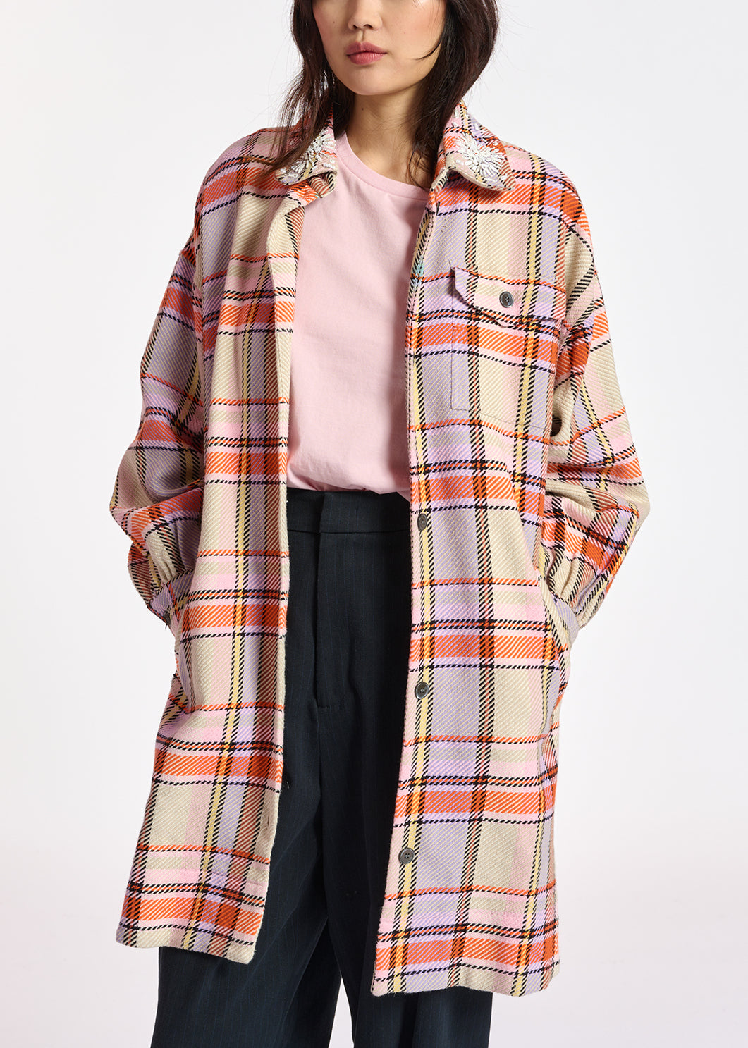 Lilac, orange and light pink checked shirt jacket RE—SSENTIEL | Essentiel second hand