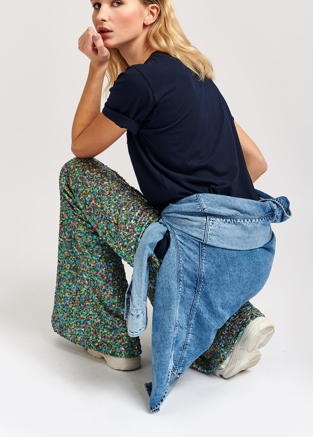 Navy blue cotton-jersey t-shirt with varsity print and sequins RE—SSENTIEL | Essentiel second hand