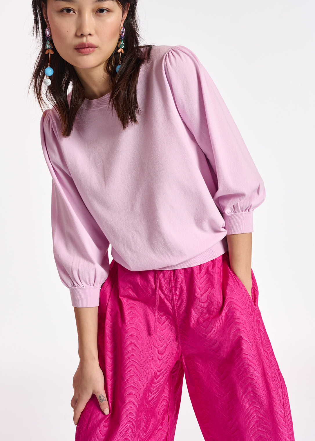 Lilac knit sweater with puffed shoulders RE—SSENTIEL | Essentiel second hand