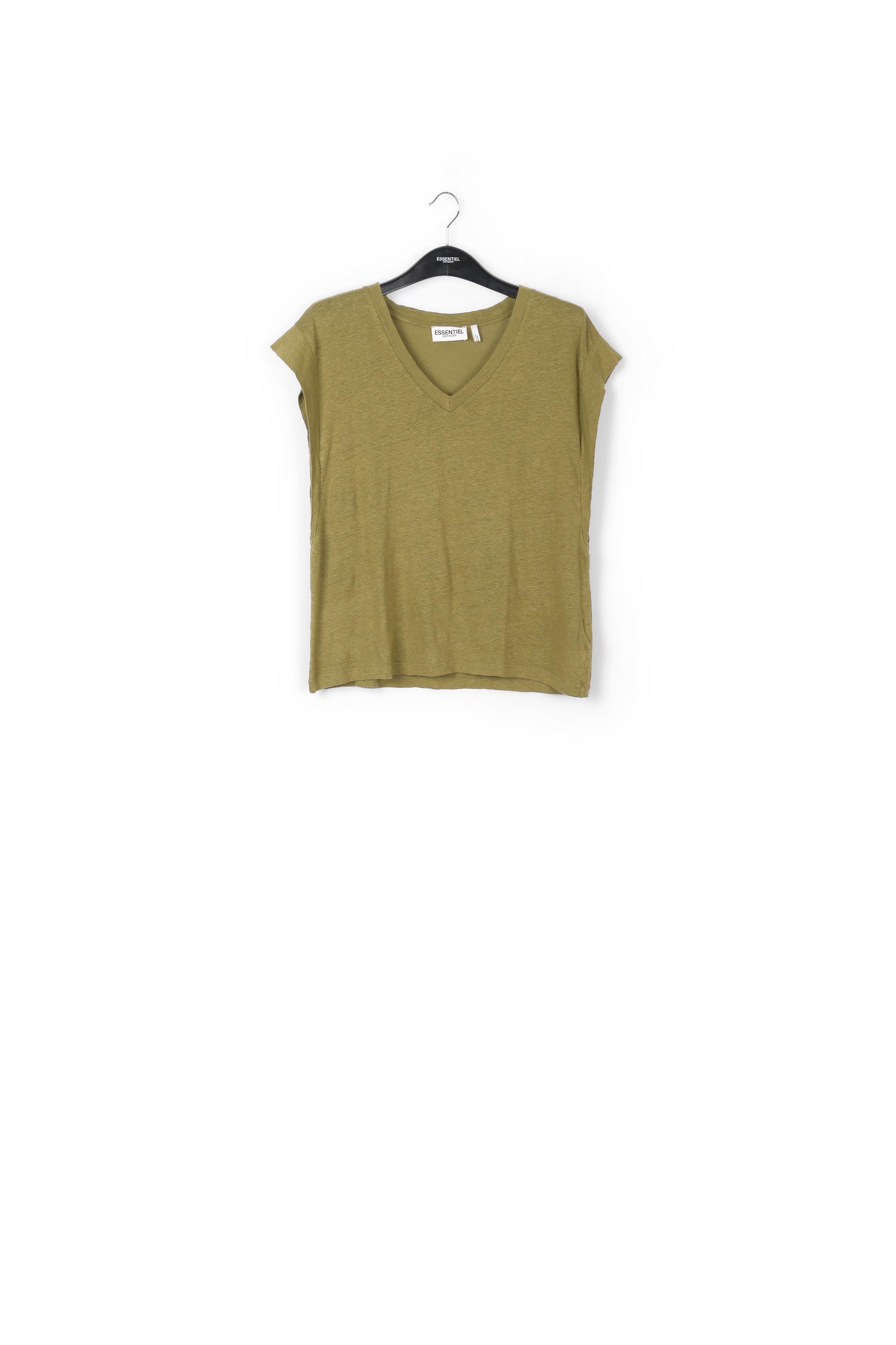 Khaki green linen V-neck T-shirt RE—SSENTIEL | Essentiel second hand