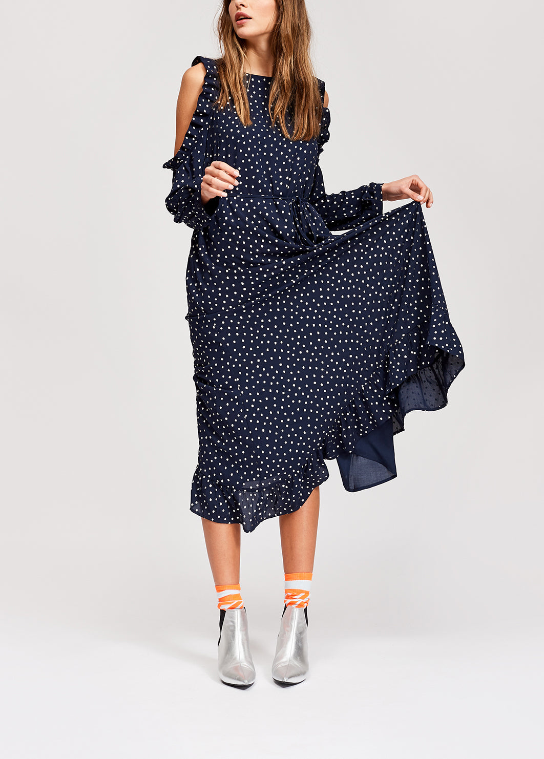 Dark blue open shoulder midi dress with silver polka dots RE—SSENTIEL | Essentiel second hand