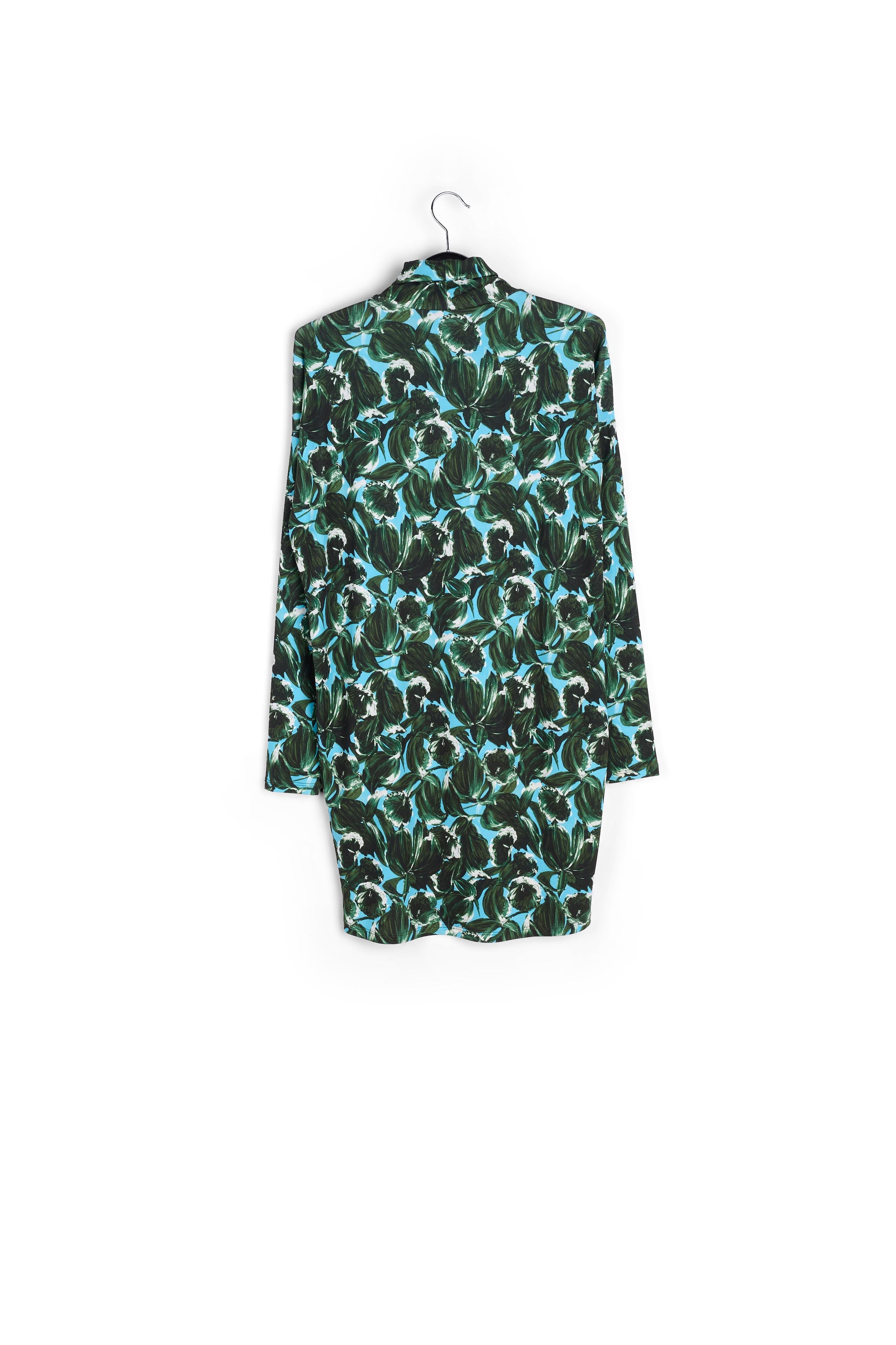 Blue and dark green leaf-printed mini dress with turtleneck RE—SSENTIEL | Essentiel second hand