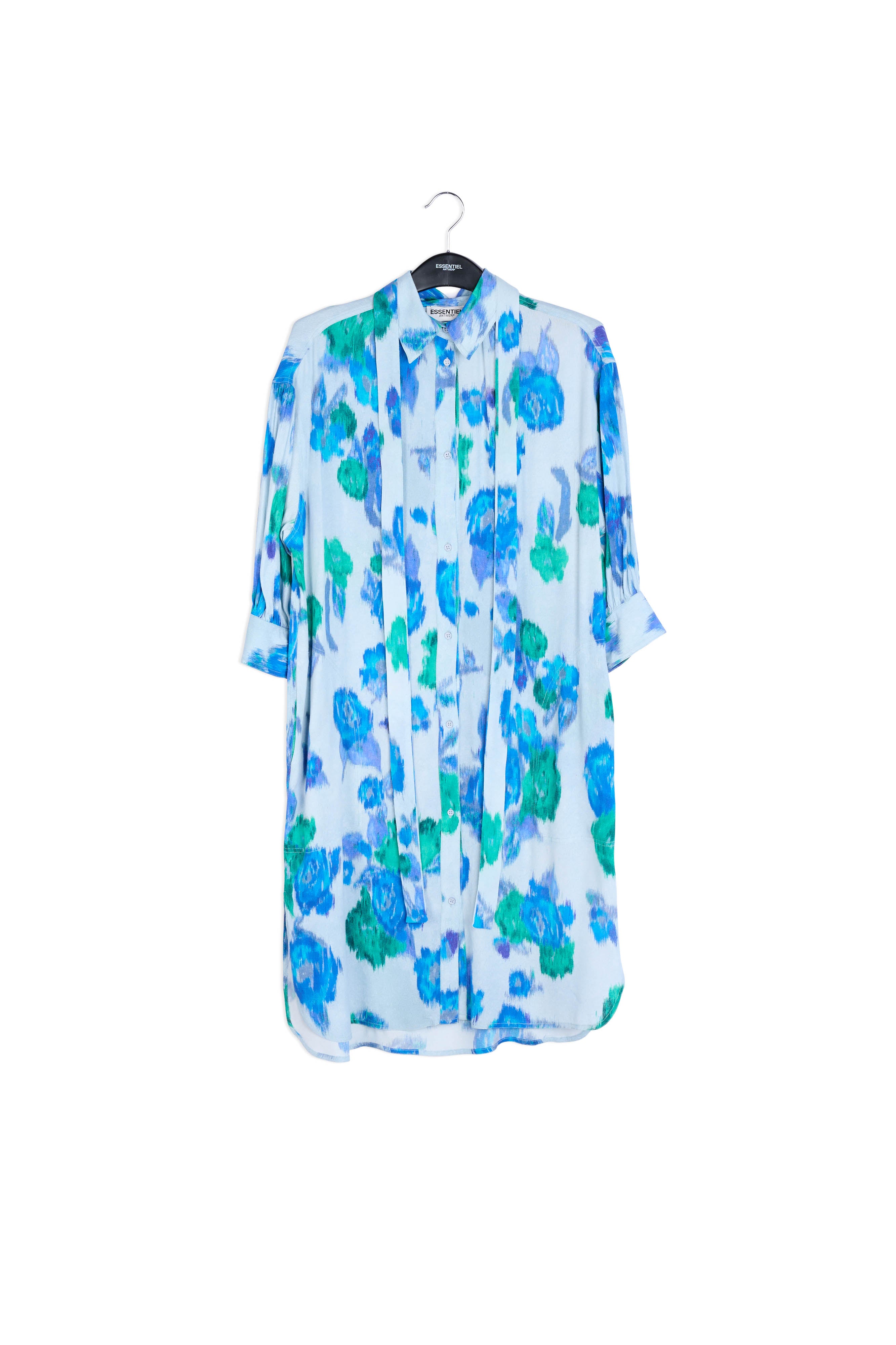 Lichtblauwe, blauwe en groene hemdjurk met bloemen RE—SSENTIEL | Essentiel second hand