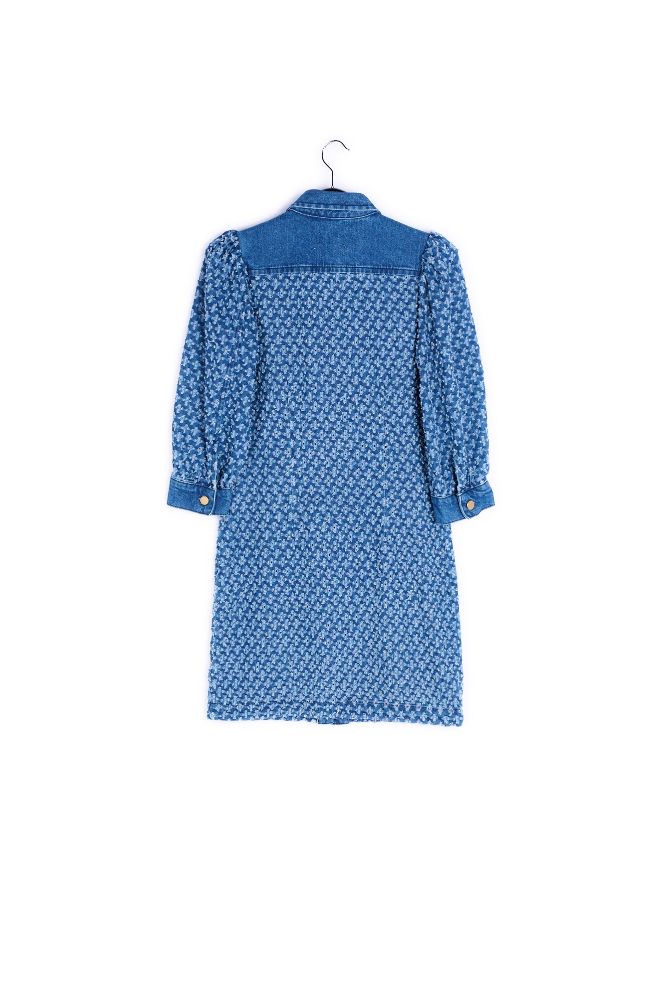 Dark blue perforated denim puffed sleeves mini dress RE—SSENTIEL | Essentiel second hand