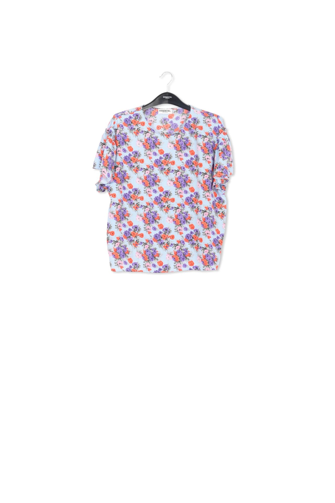 Lichtblauwe bloementop met ruchemouwen RE—SSENTIEL | Essentiel second hand