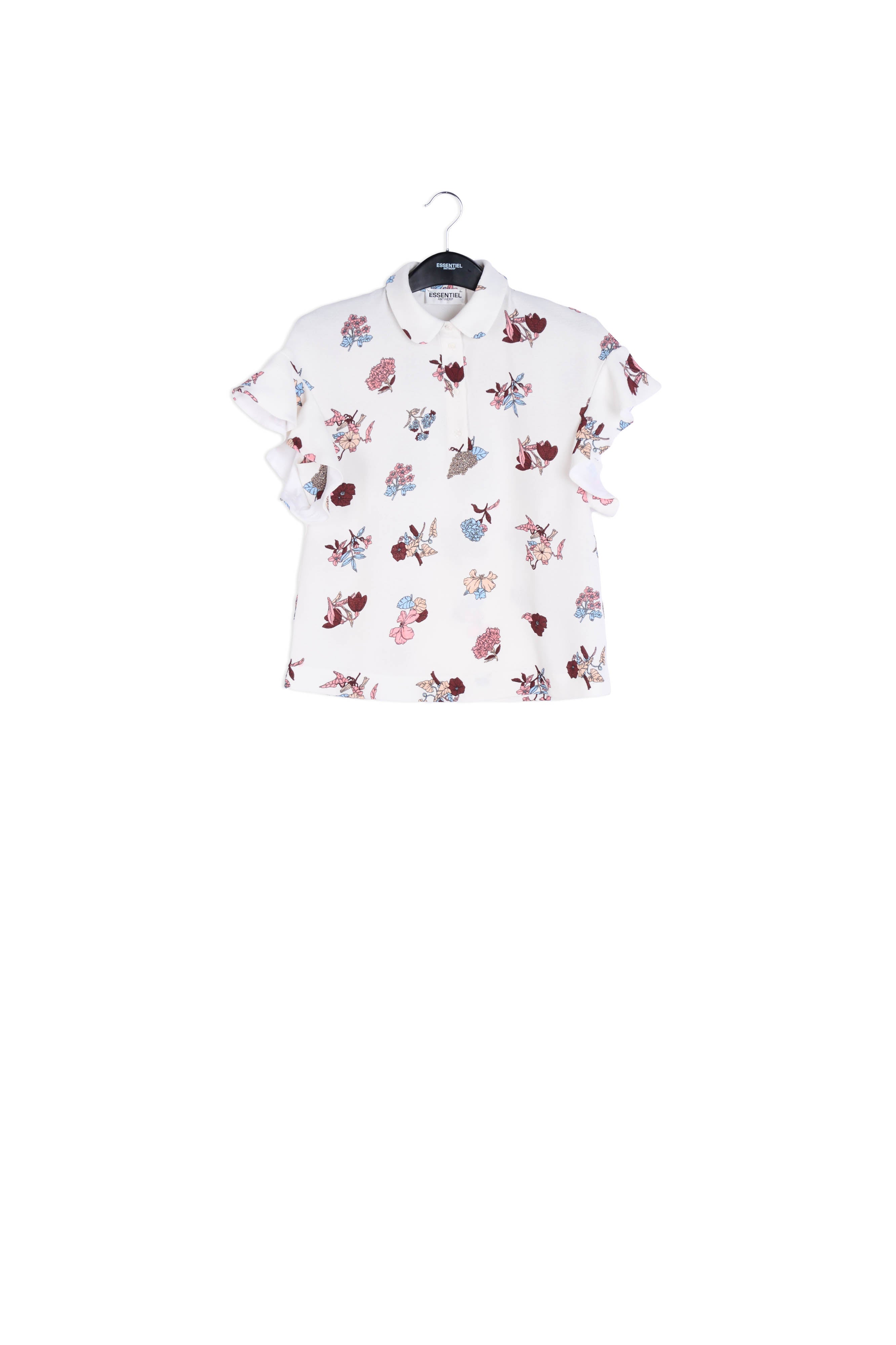 Blue floral short sleeve top with ruffles RE—SSENTIEL | Essentiel second hand