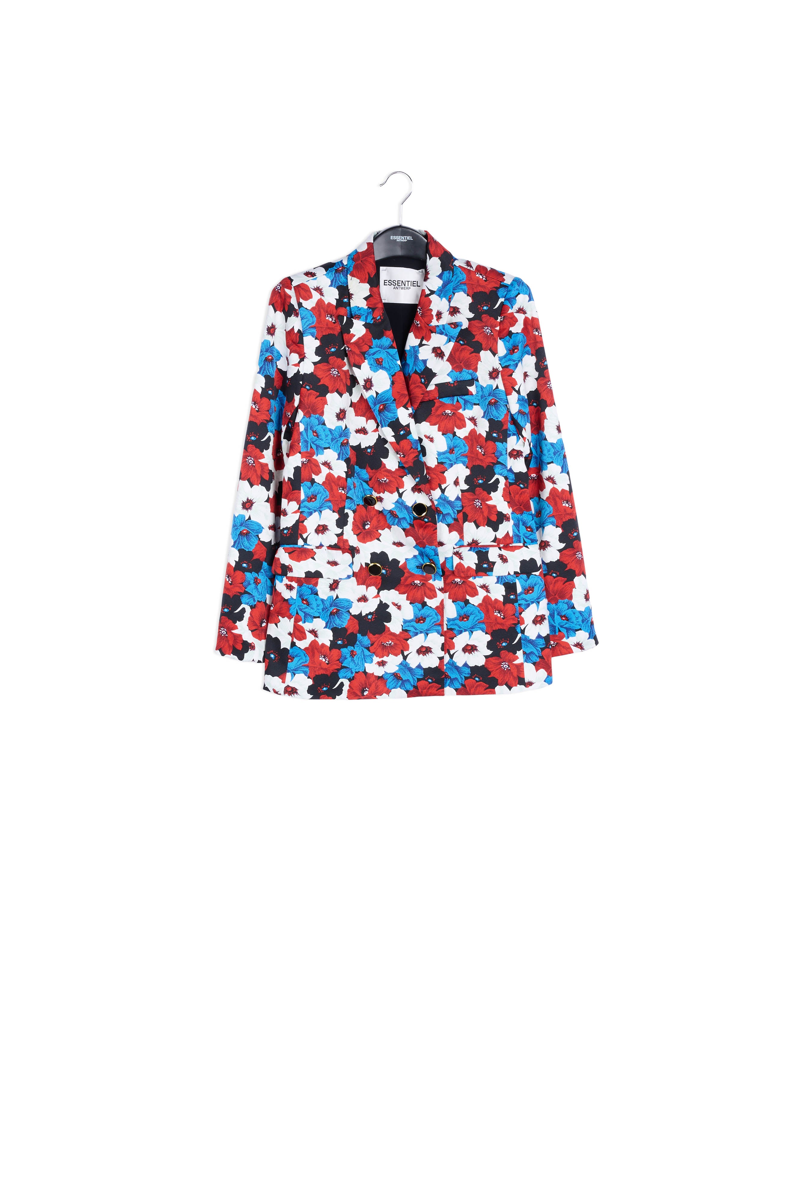 Veste tailleur rouge, bleue et blanche à imprimé fleuri RE—SSENTIEL | Essentiel second hand