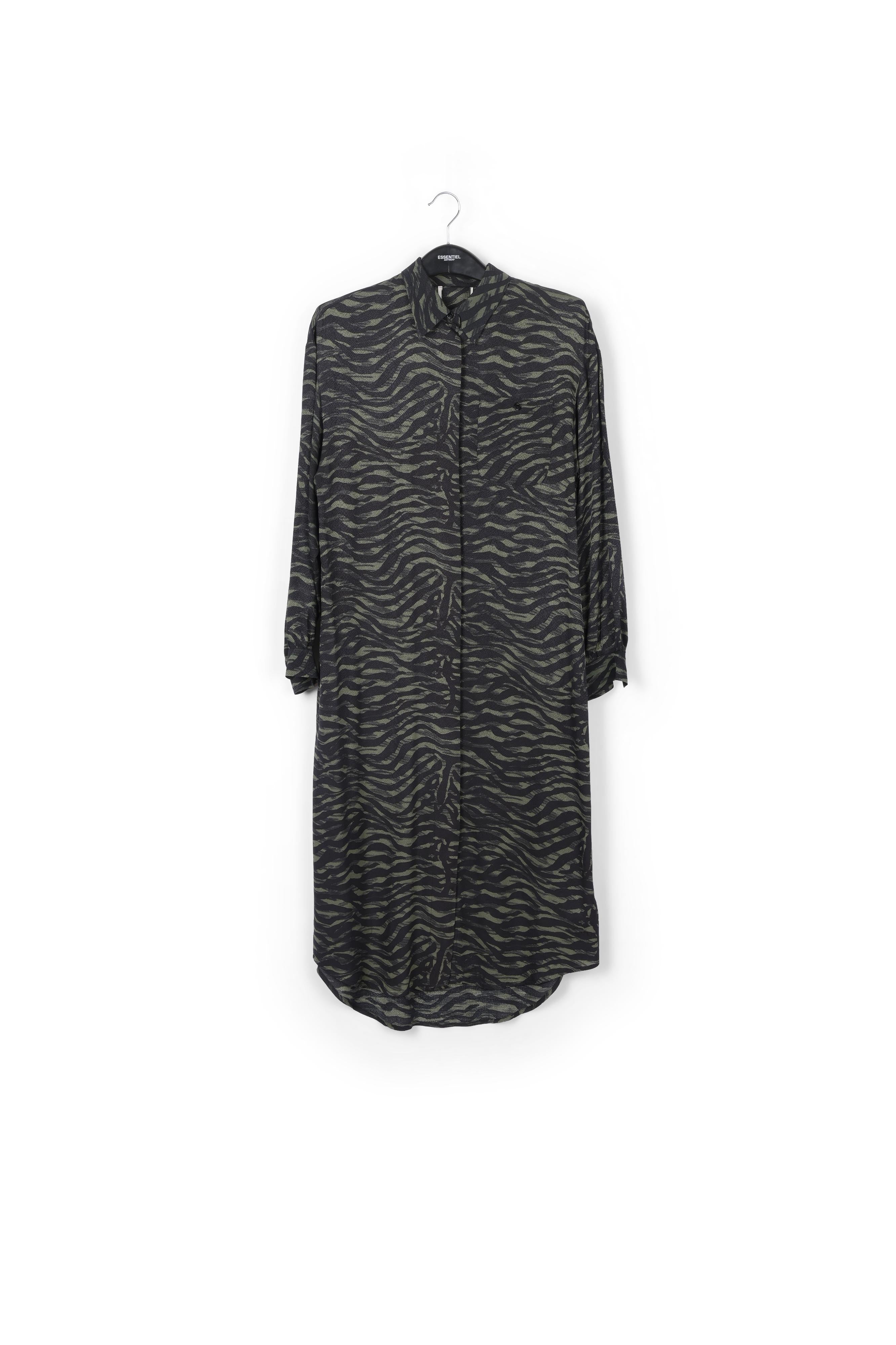 Robe chemise midi à imprimé zèbre vert et noir RE—SSENTIEL | Essentiel second hand