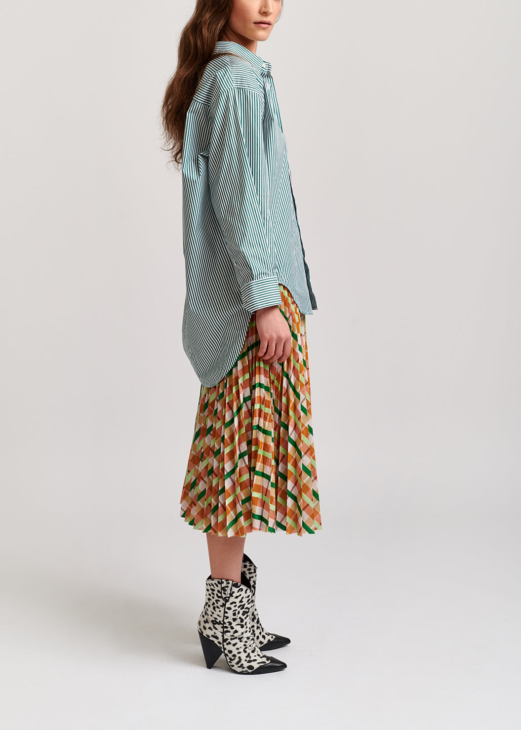 Beige and green plaid cotton-blend pleated skirt RE—SSENTIEL | Essentiel second hand