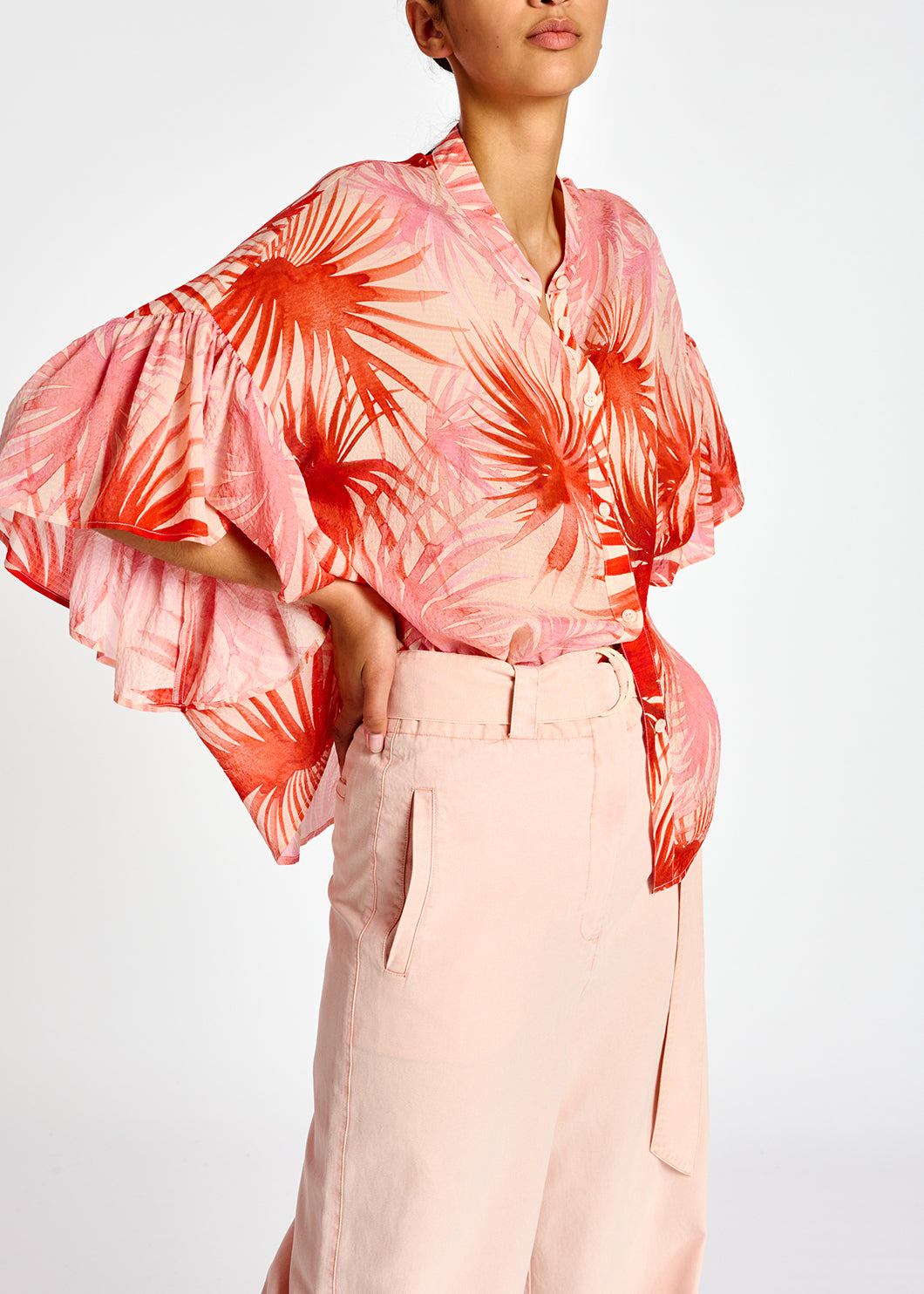 Orange ruffle-detailed top with palm leaf print RE—SSENTIEL | Essentiel second hand