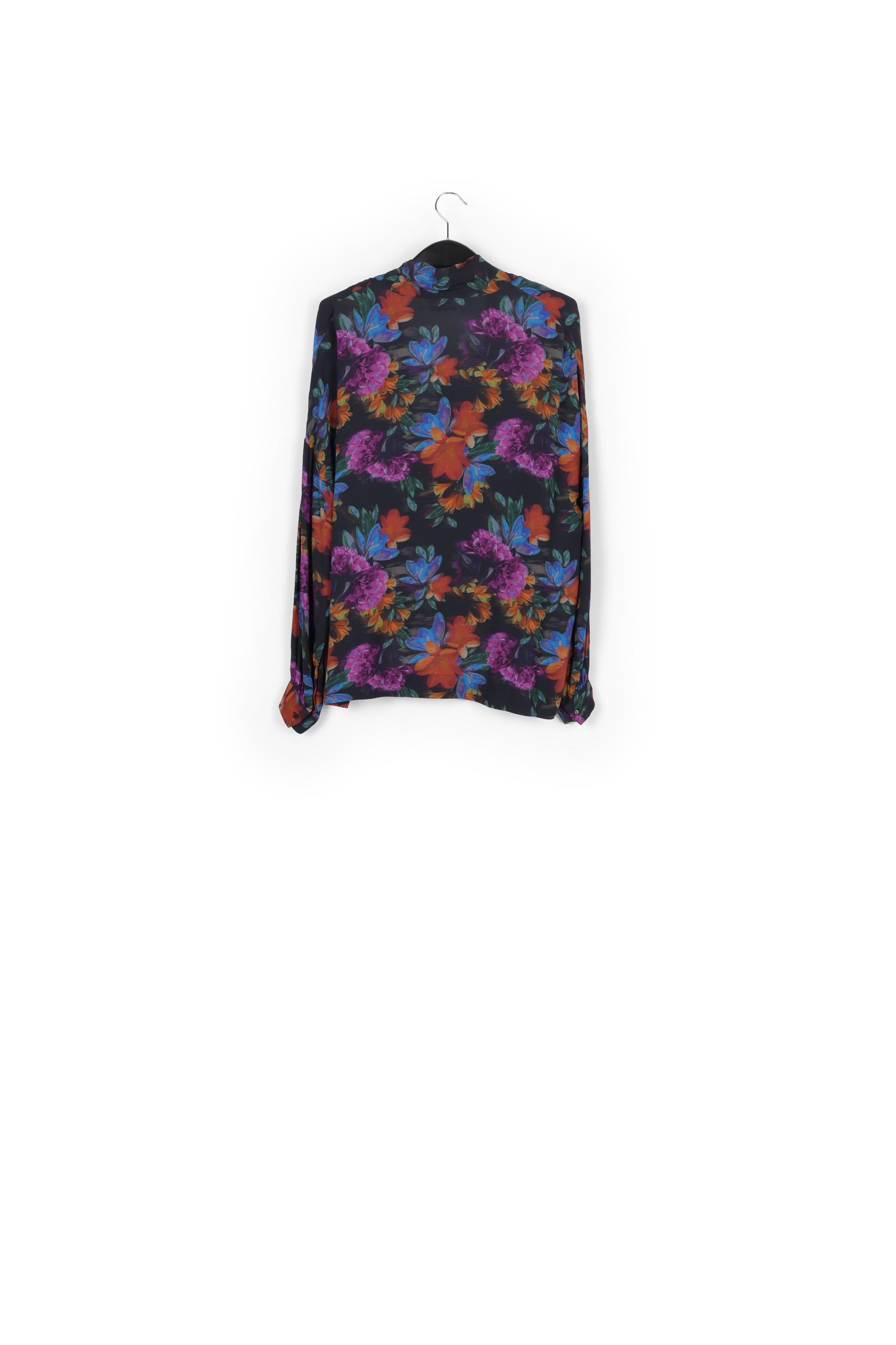 Hemd met strik en antracietgrijze, blauwe en oranje bloemenprint RE—SSENTIEL | Essentiel second hand