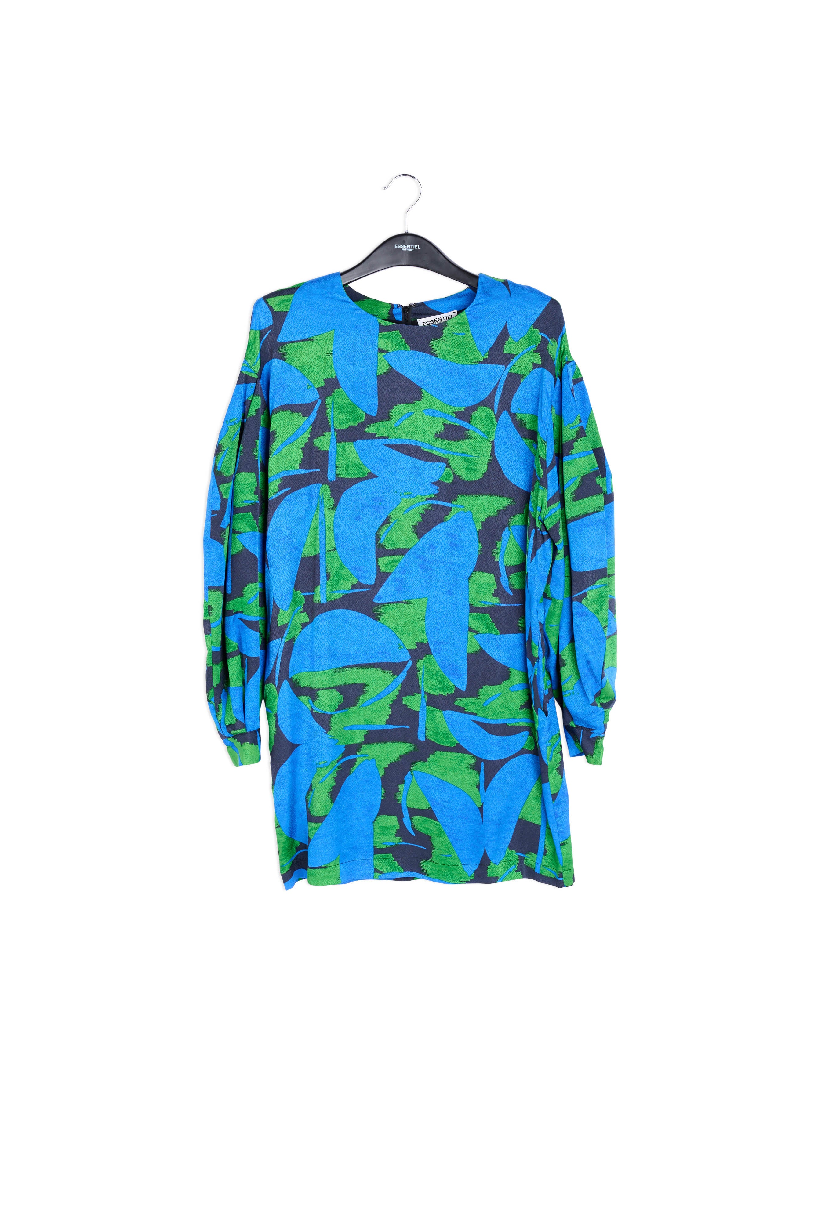 Blauwe, groene en zwarte mini-jurk met print RE—SSENTIEL | Essentiel second hand