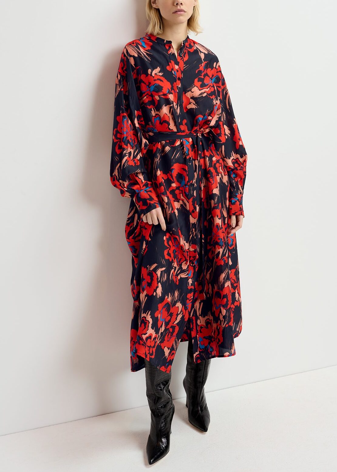 Black maxi-length silk dress with floral print RE—SSENTIEL | Essentiel second hand