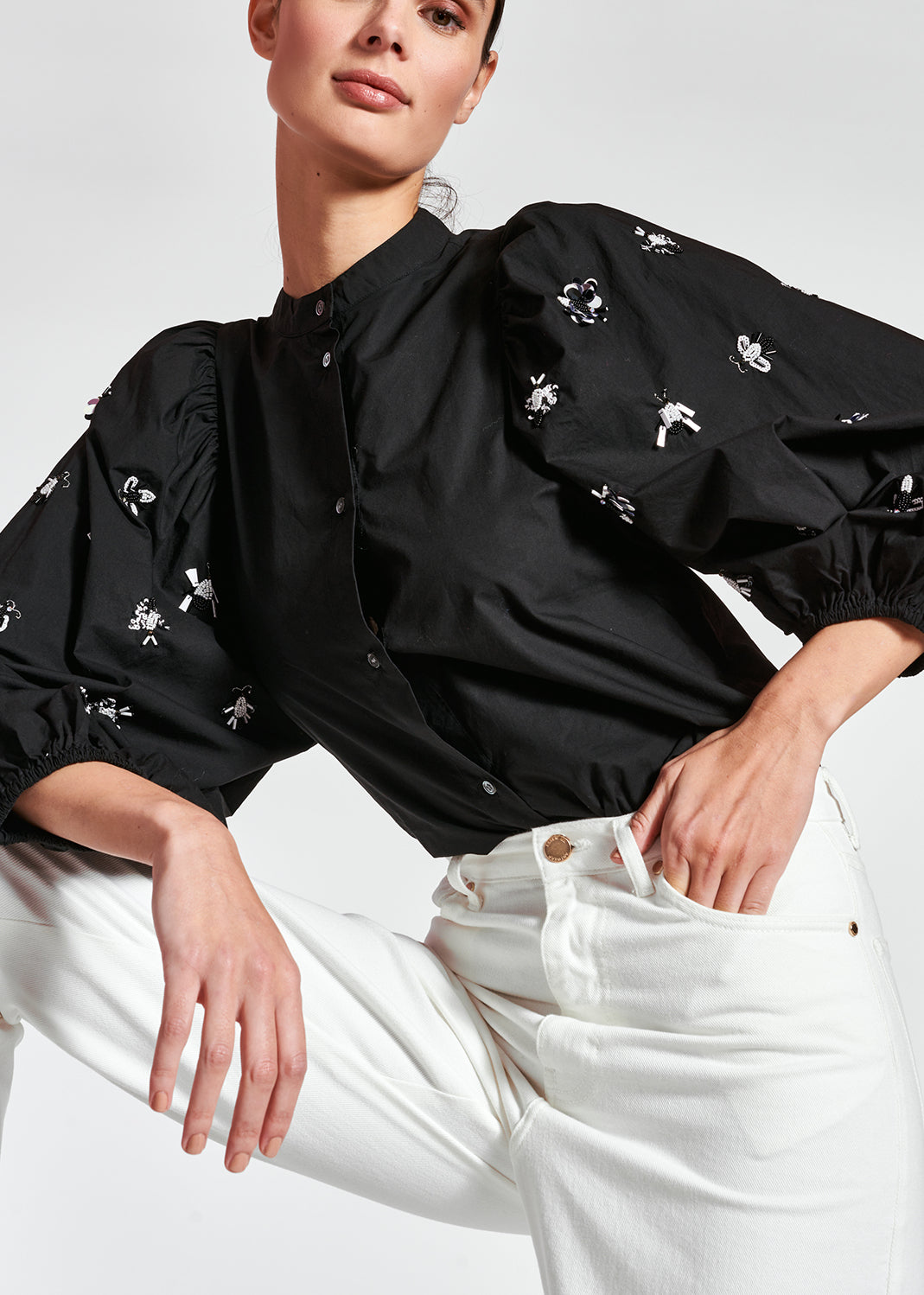 Black cotton-poplin embroidered puffed-sleeve shirt RE—SSENTIEL | Essentiel second hand