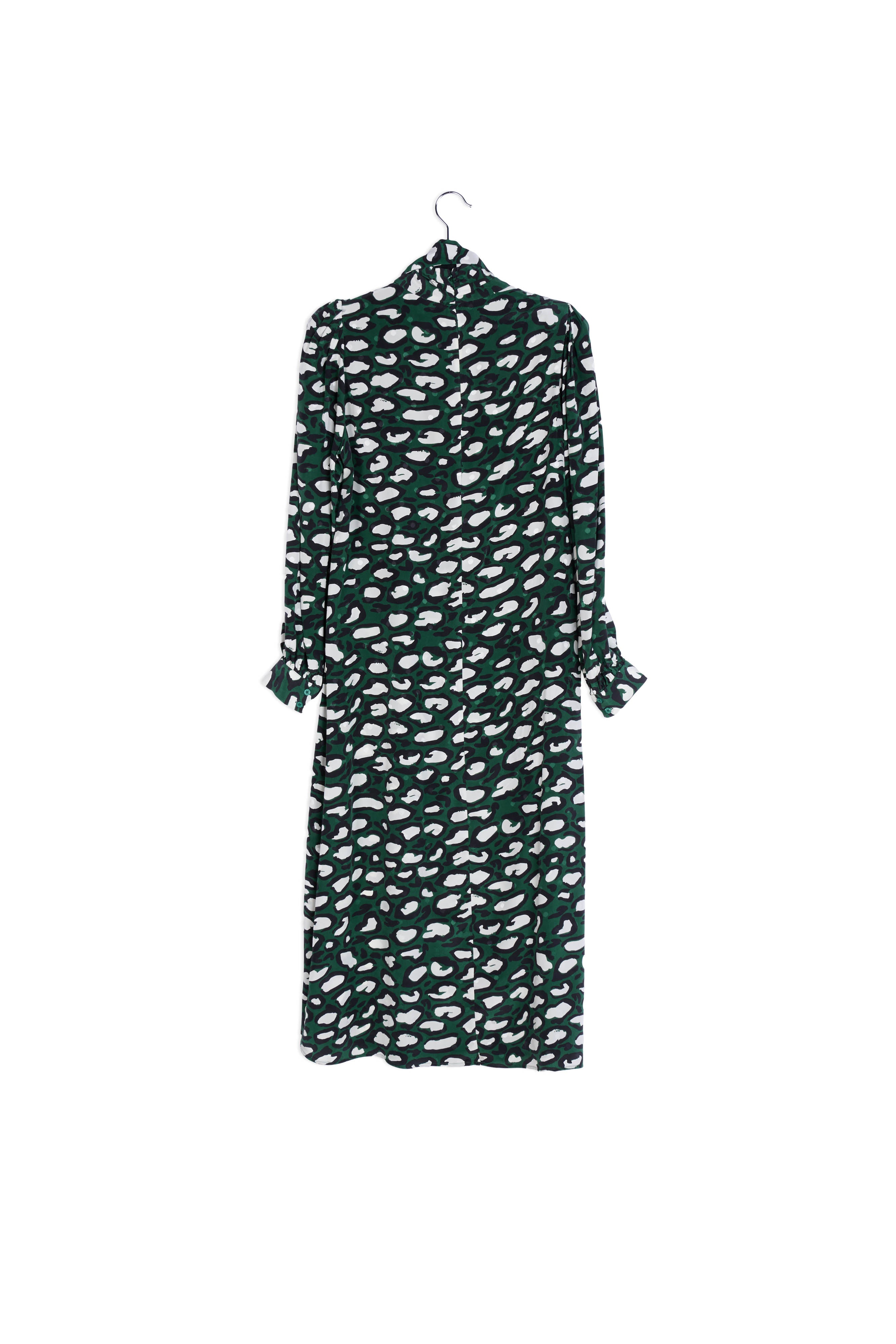 Flesgroene zijden midi-jurk met opstaande kraag en luipaardprint RE—SSENTIEL | Essentiel second hand