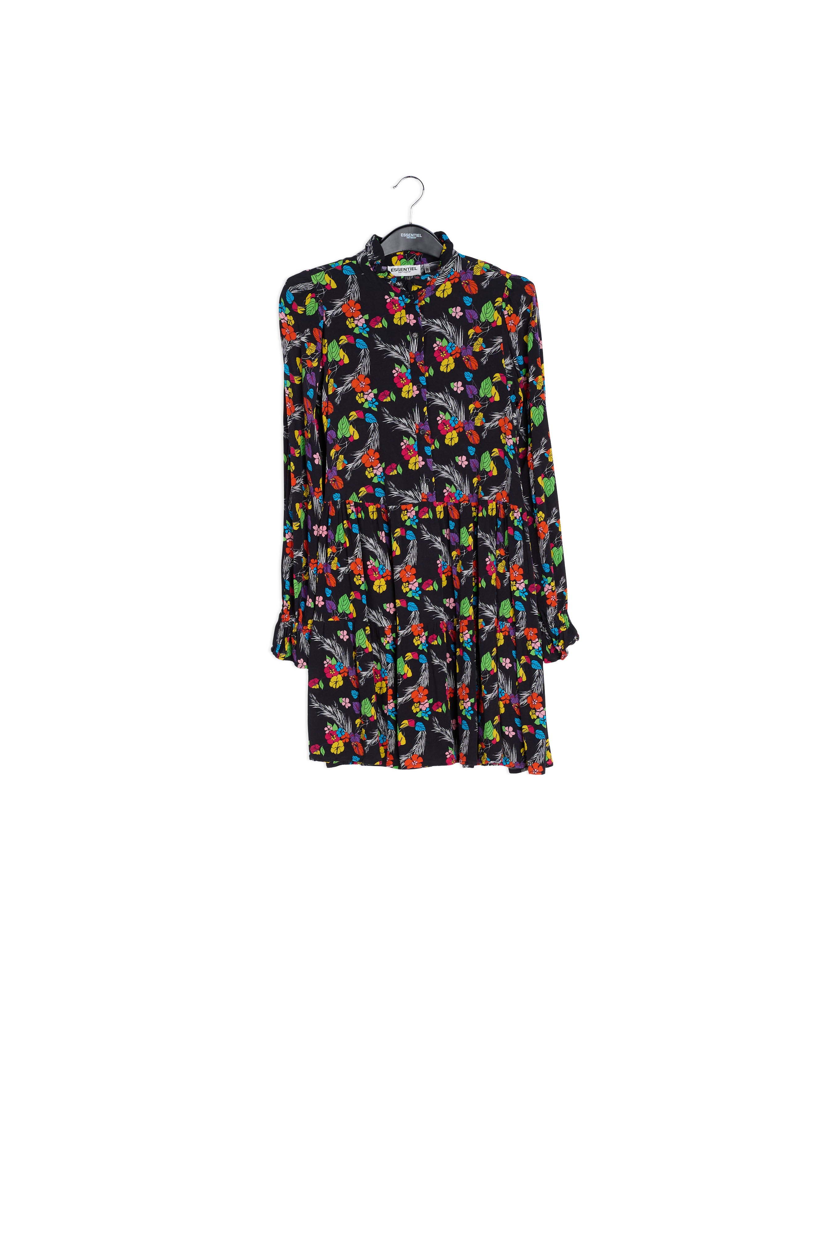 Zwarte mini-jurk met tropische print RE—SSENTIEL | Essentiel second hand