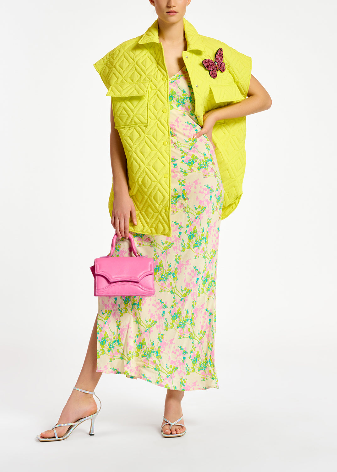 Ecru, pink and lime green floral print maxi-length slip dress RE—SSENTIEL | Essentiel second hand