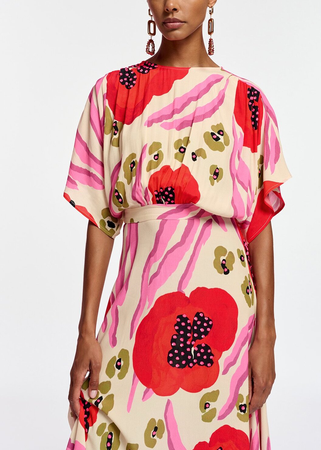 Ecru, red and pink abstract print midi-length dress RE—SSENTIEL | Essentiel second hand