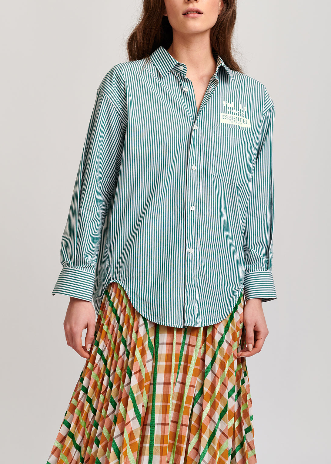 Beige and green plaid cotton-blend pleated skirt RE—SSENTIEL | Essentiel second hand