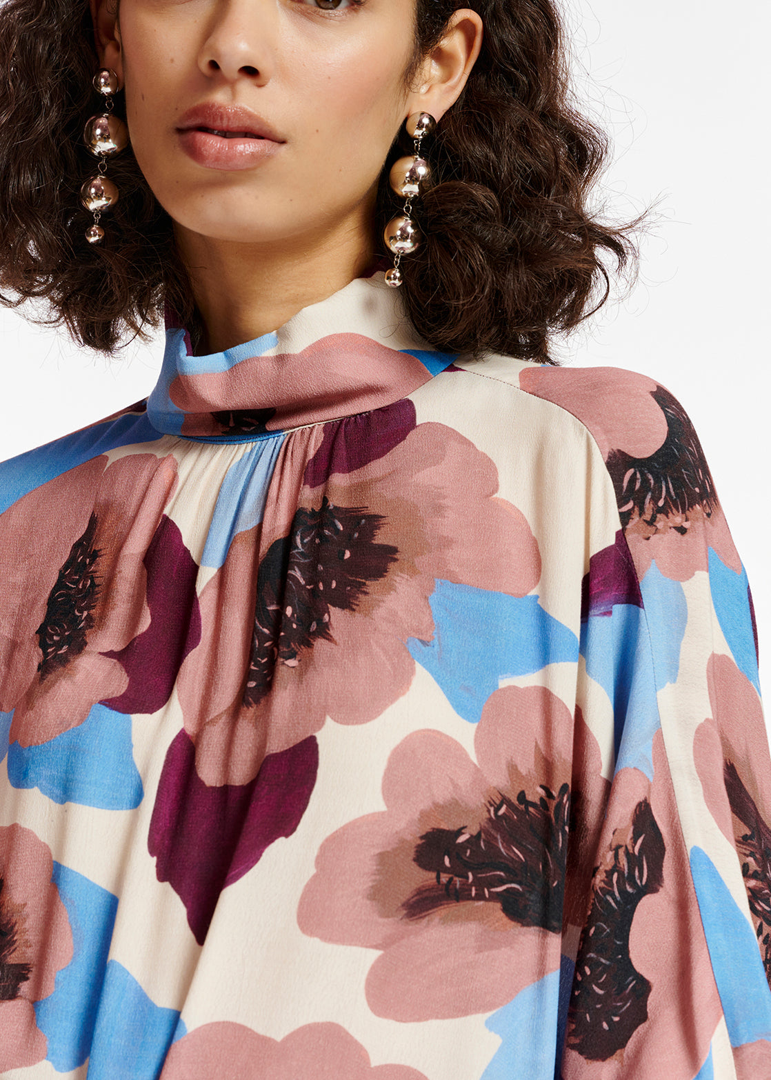 Mauve, burgundy and blue floral print top with stand-up collar RE—SSENTIEL | Essentiel second hand