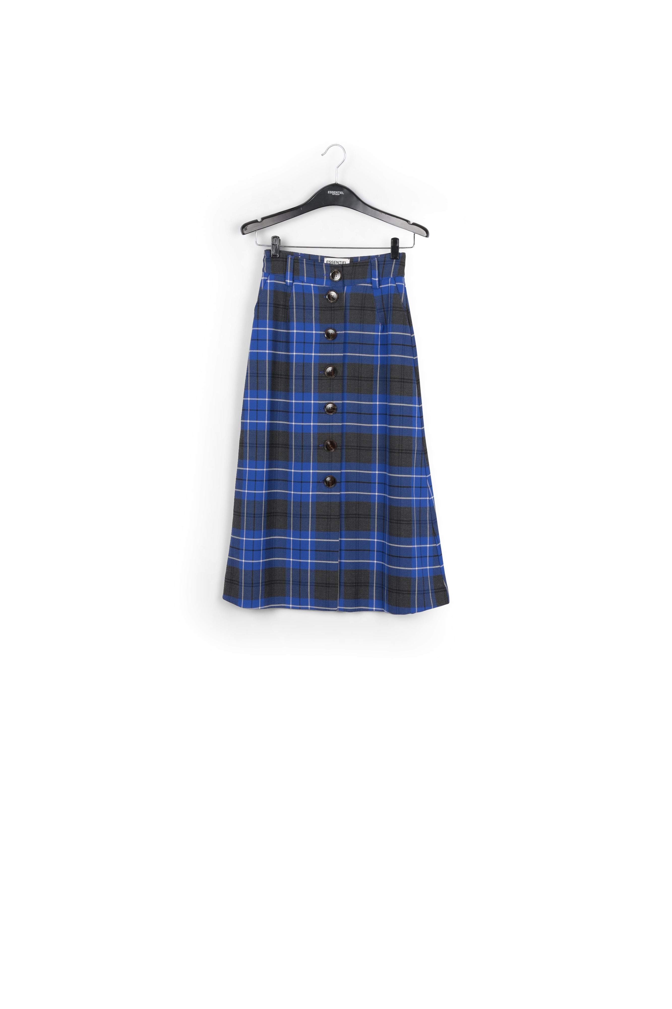 Jupe midi à carreaux bleue et noire RE—SSENTIEL | Essentiel second hand