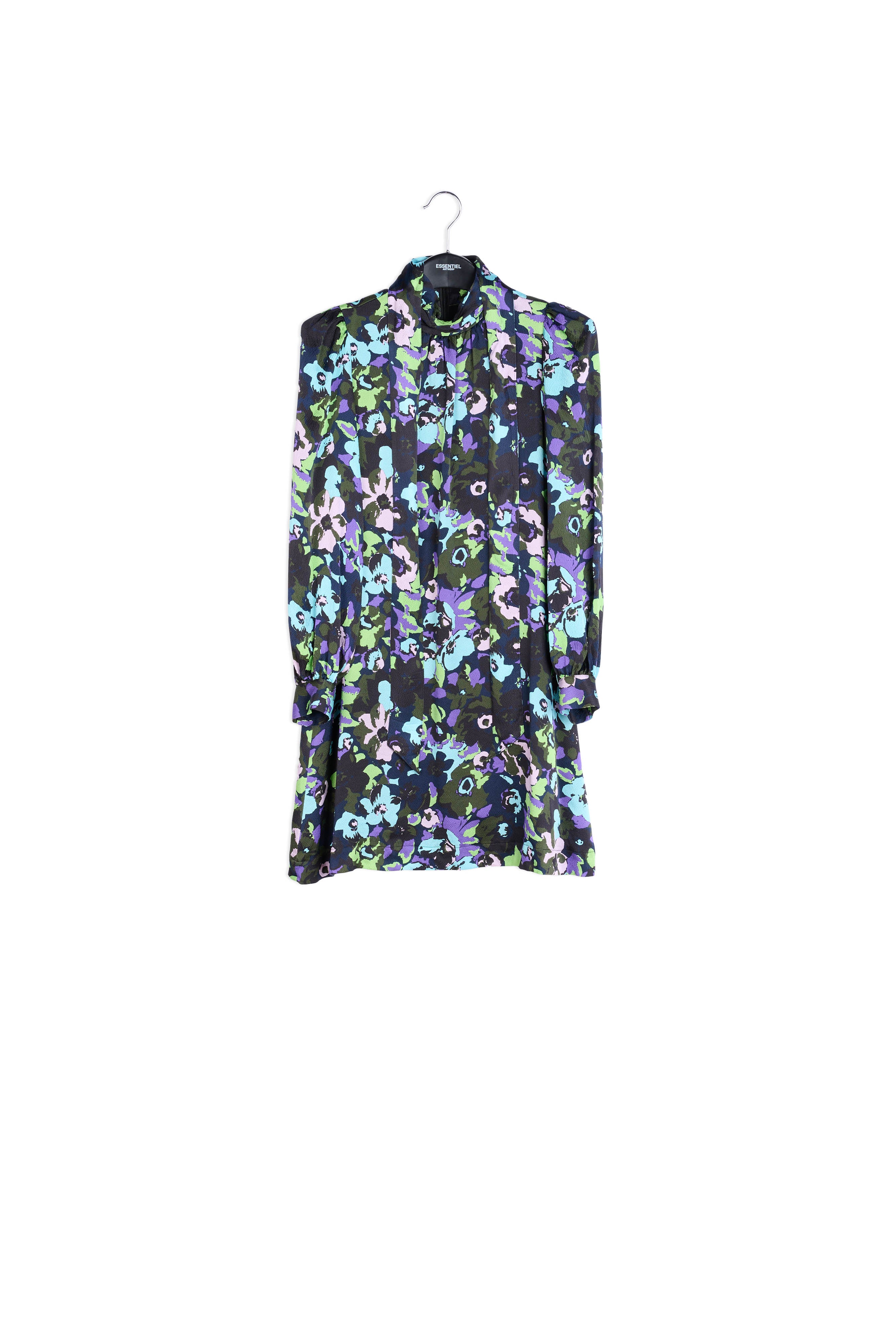 Turquoise zijden mini-jurk met bloemen RE—SSENTIEL | Essentiel second hand