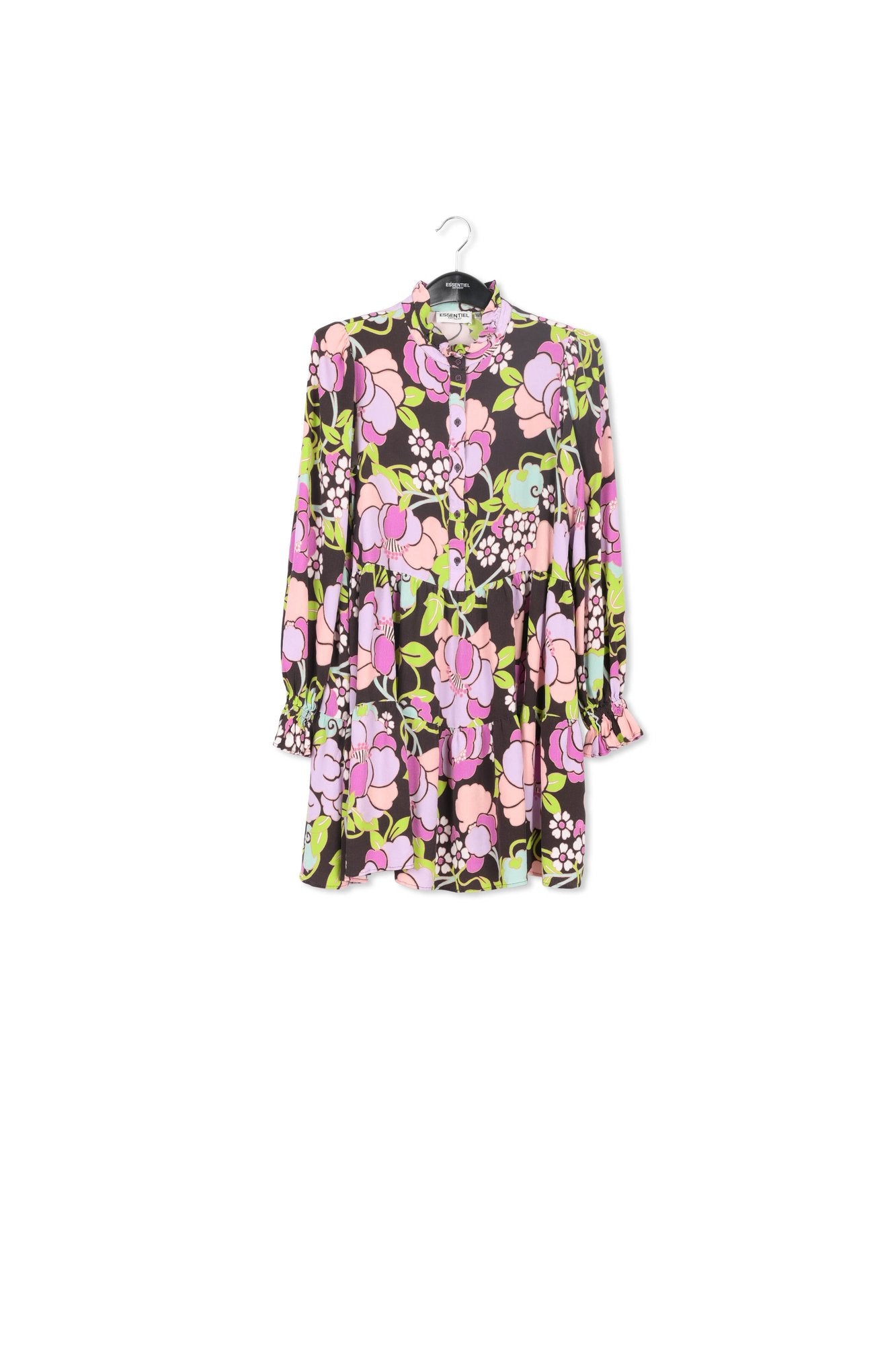 Black tiered mini dress with floral print RE—SSENTIEL | Essentiel second hand