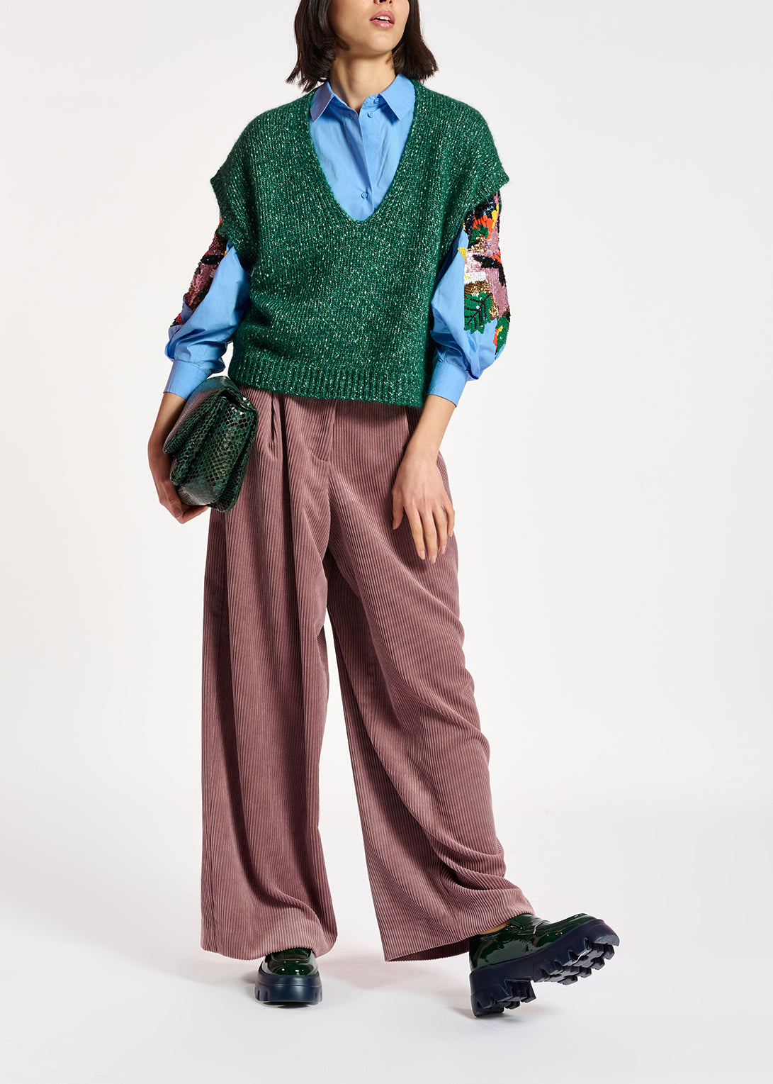 Dark green mélange sleeveless sweater with separate collar RE—SSENTIEL | Essentiel second hand