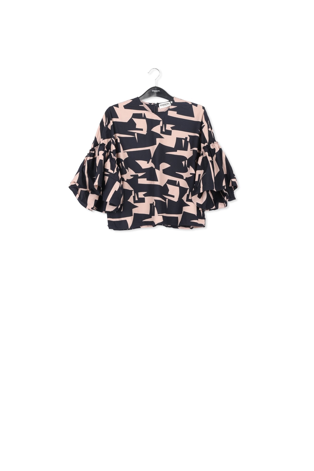 Dark blue and beige graphic printed top with ruffled sleeves RE—SSENTIEL | Essentiel second hand