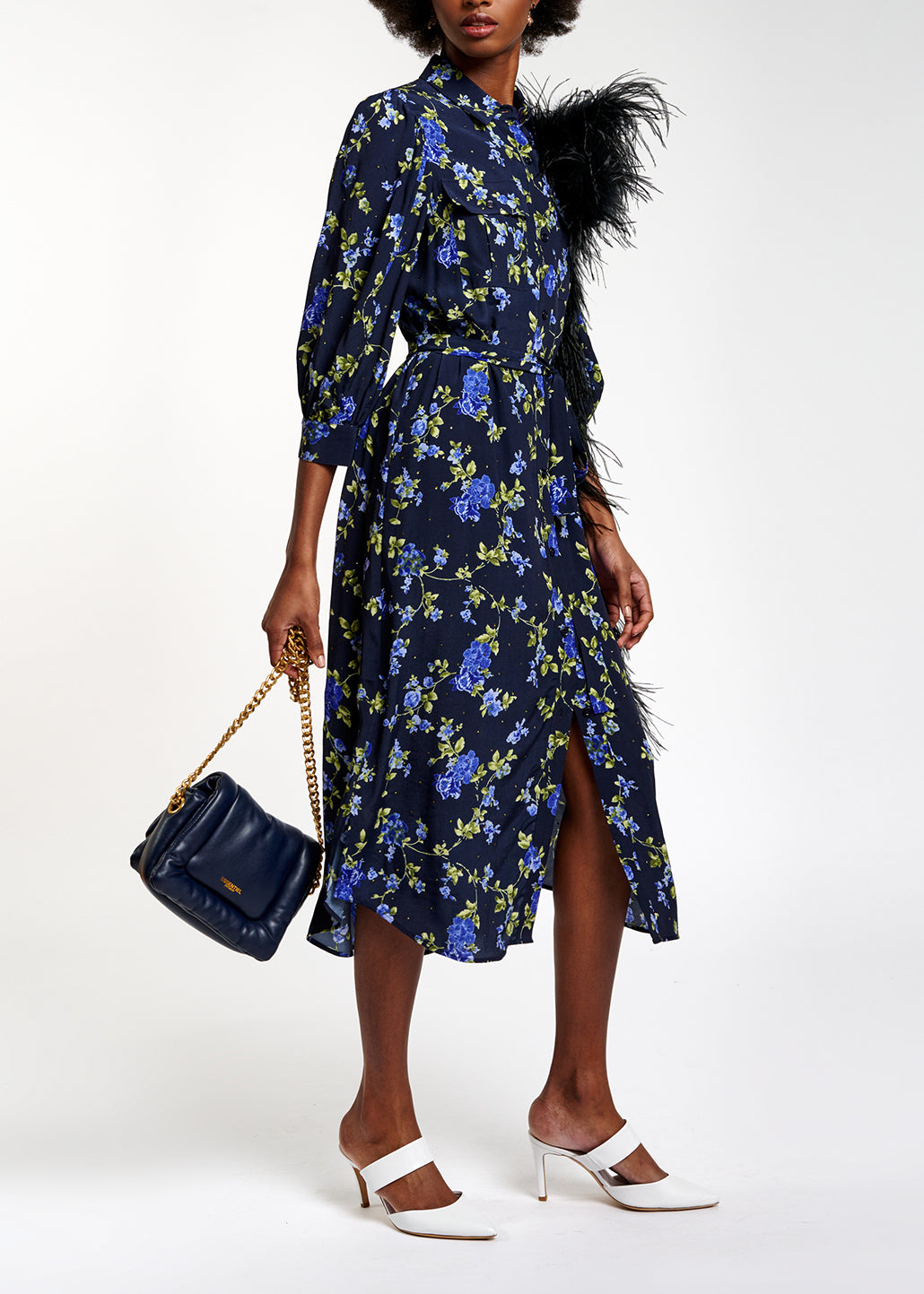 Robe chemise bleu foncé à  imprimé fleuri RE—SSENTIEL | Essentiel second hand