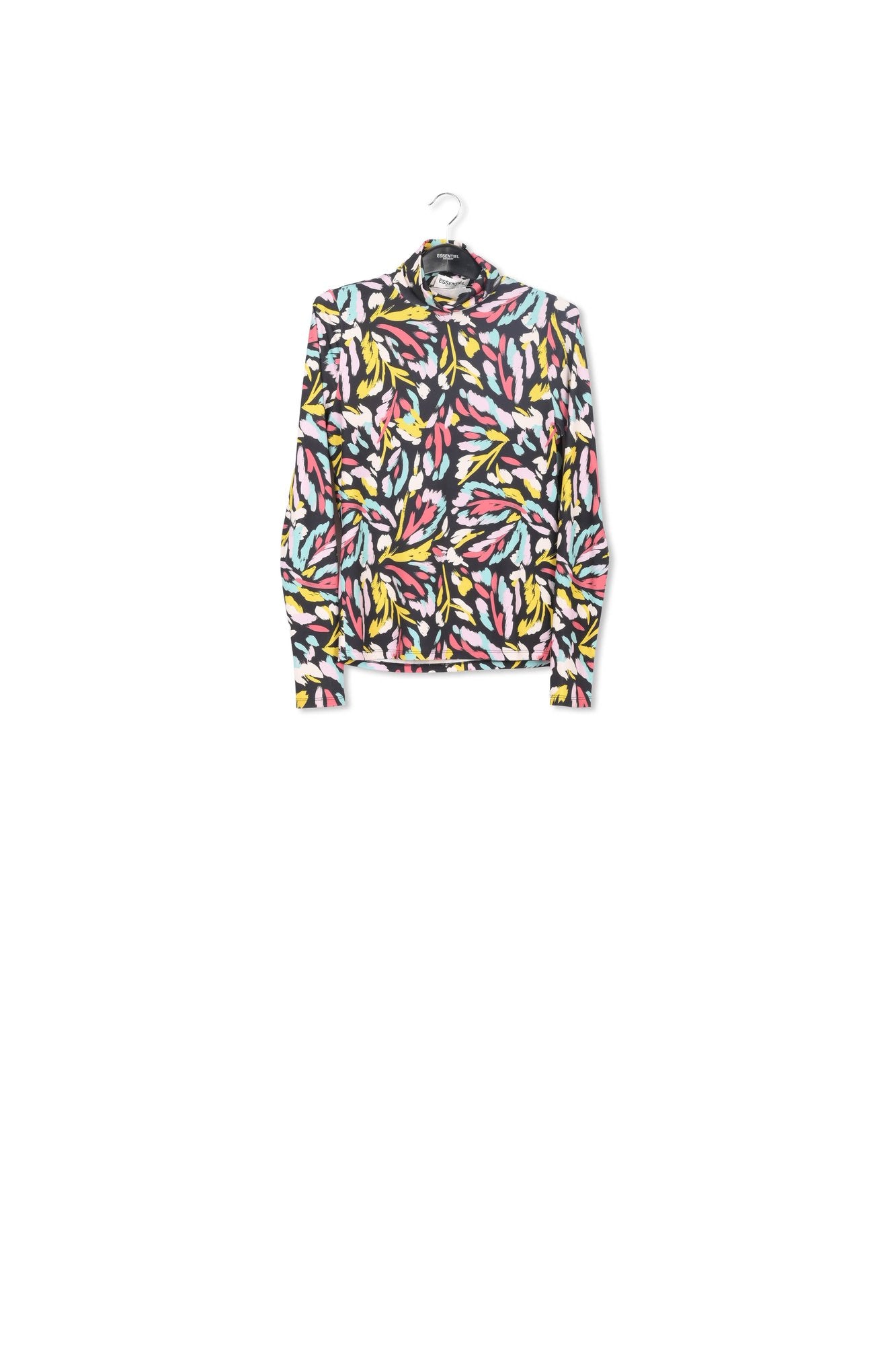 Top à  col roulé et imprimé abstrait noir, jaune et lilas RE—SSENTIEL | Essentiel second hand