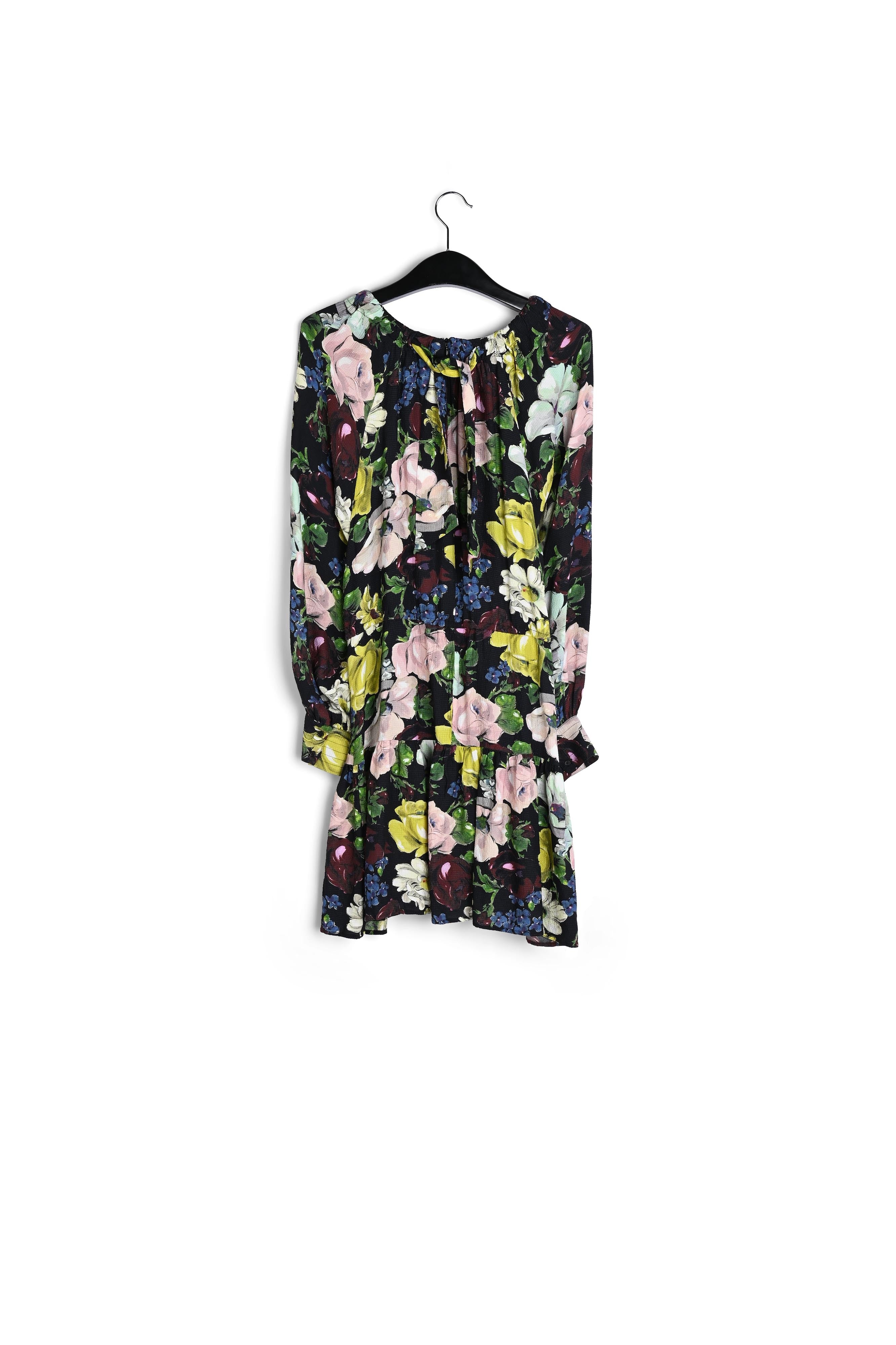 Donkerblauwe, lila en gebroken witte mini-jurk met grafische print RE—SSENTIEL | Essentiel second hand