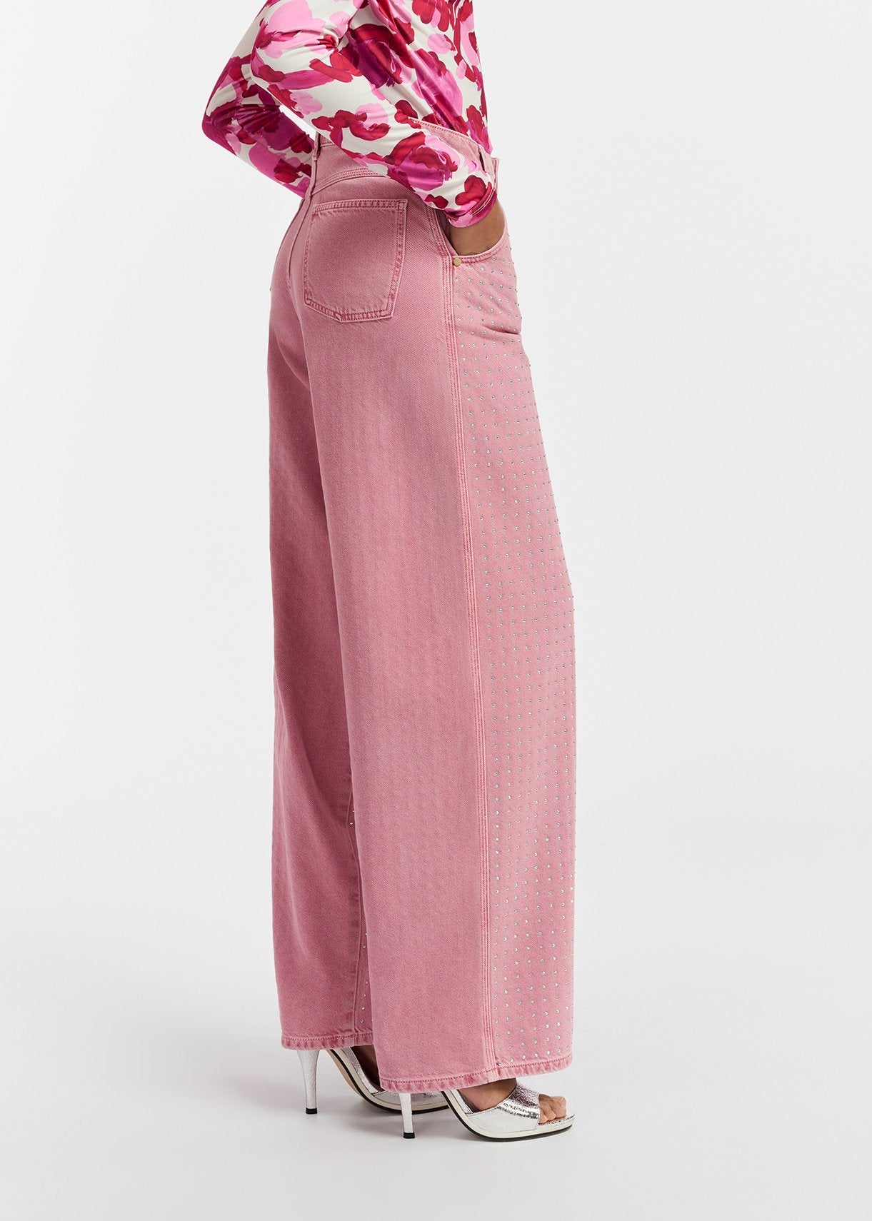 Pink rhinestone-embellished wide-leg jeans RE—SSENTIEL | Essentiel second hand